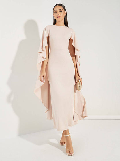 Rachel - Abito midi rosa con scollatura a V e maniche in chiffon