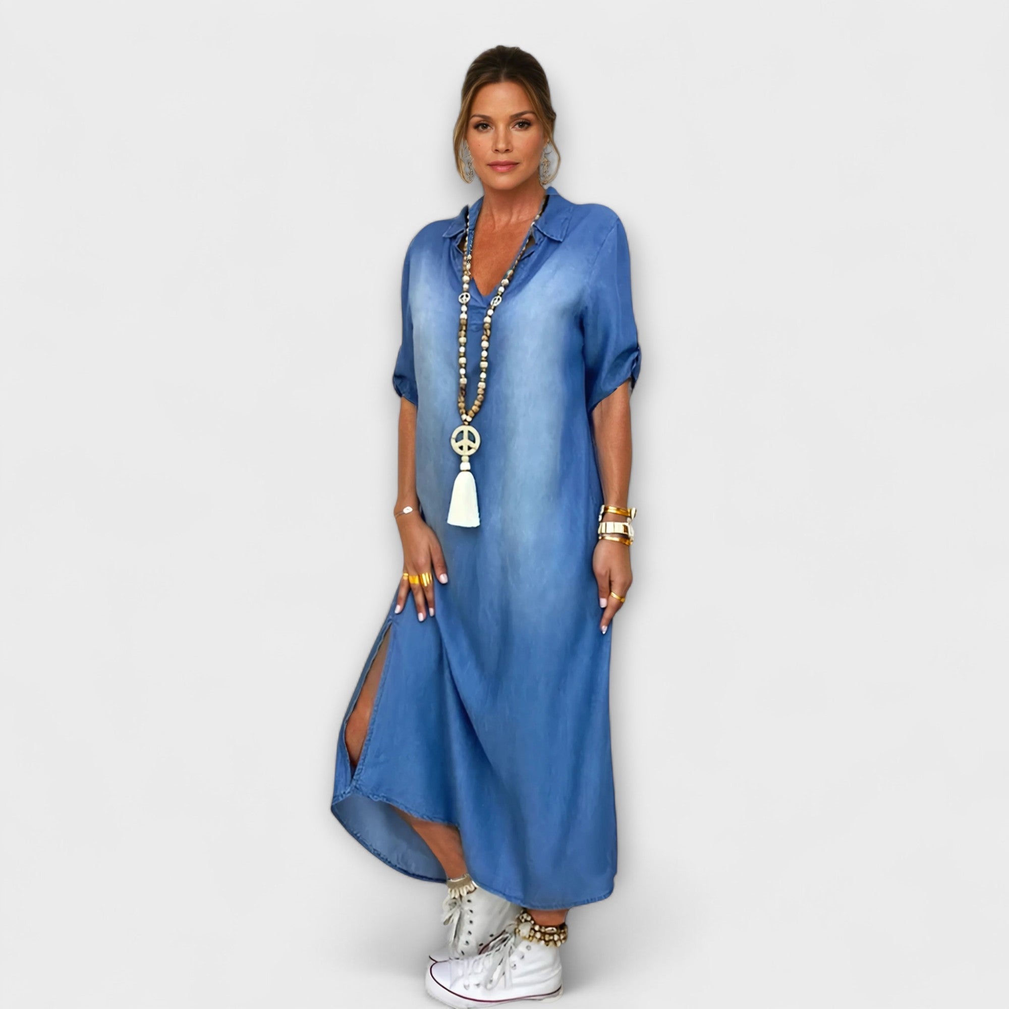 Lea - Abito lungo in denim con spacco laterale