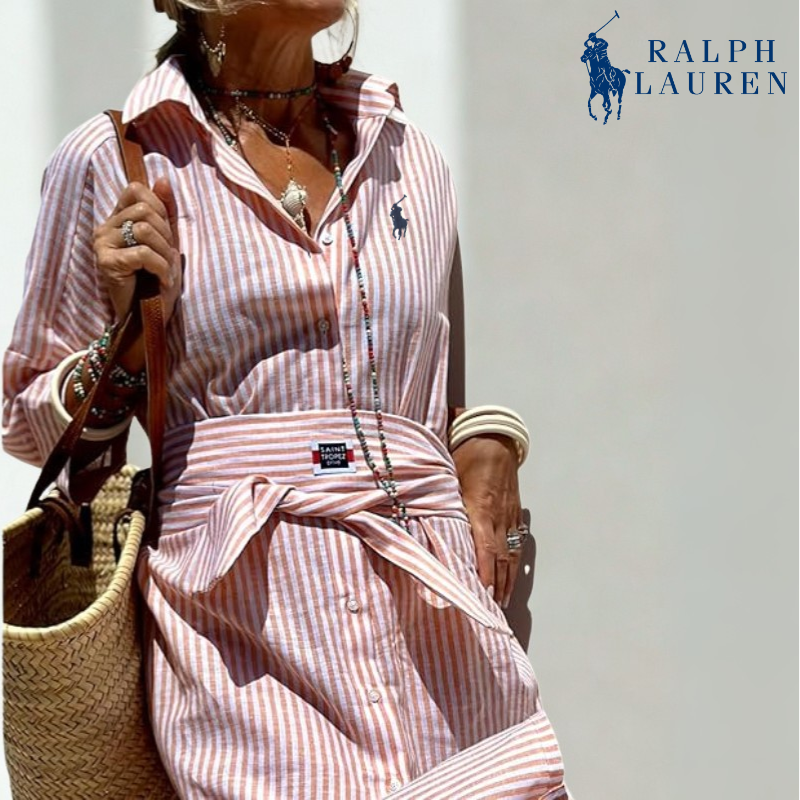 R. Ꮮаᴜгеn Abito Camicia a Strisce con Vita Regolabile