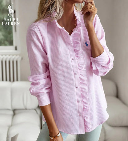 R. Ꮮаᴜгеn Camicia Button-Up con Rouches – Vestibilità Morbida e Testurizzata