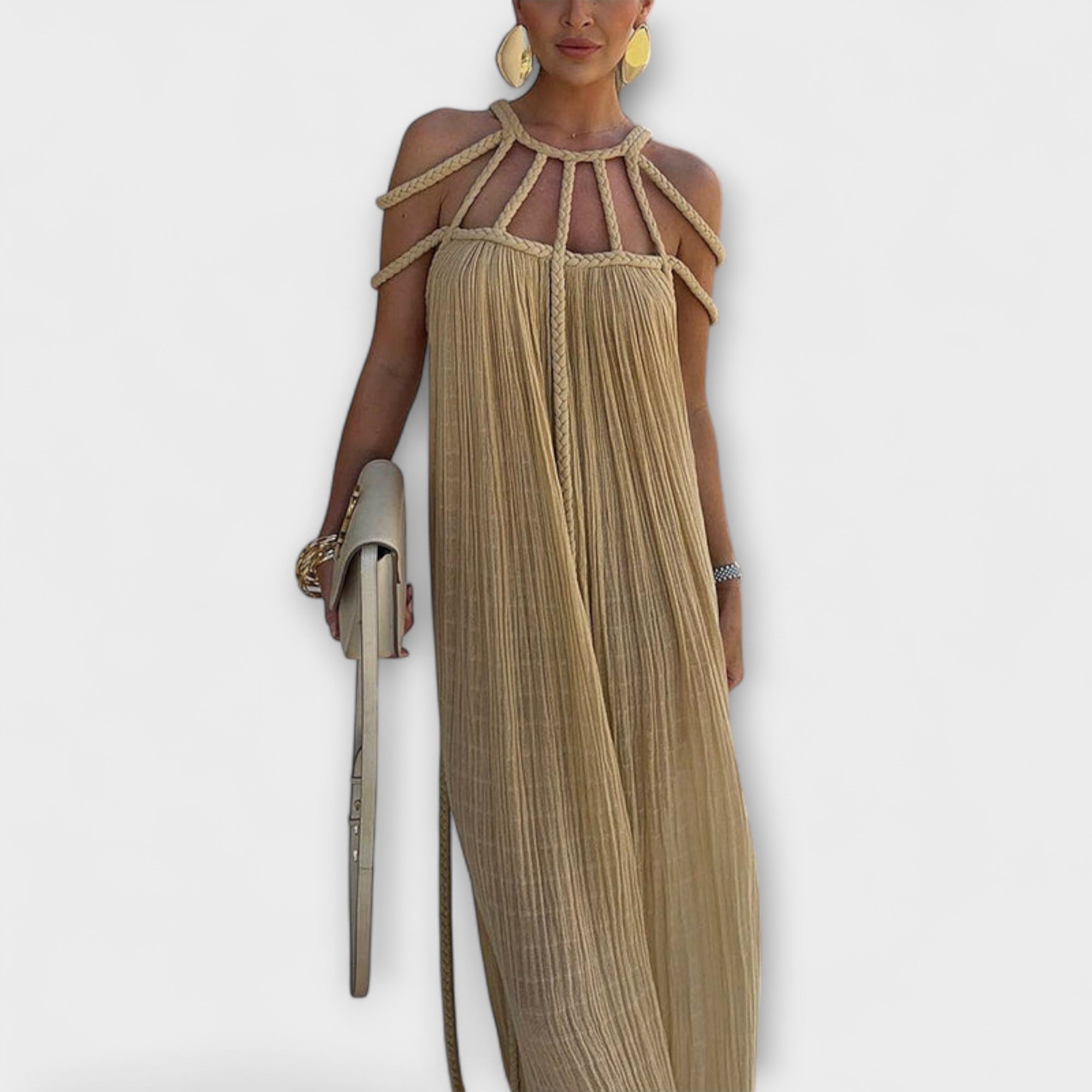 Briar - Un elegante abito maxi in tessuto misto con trecce drappeggiate