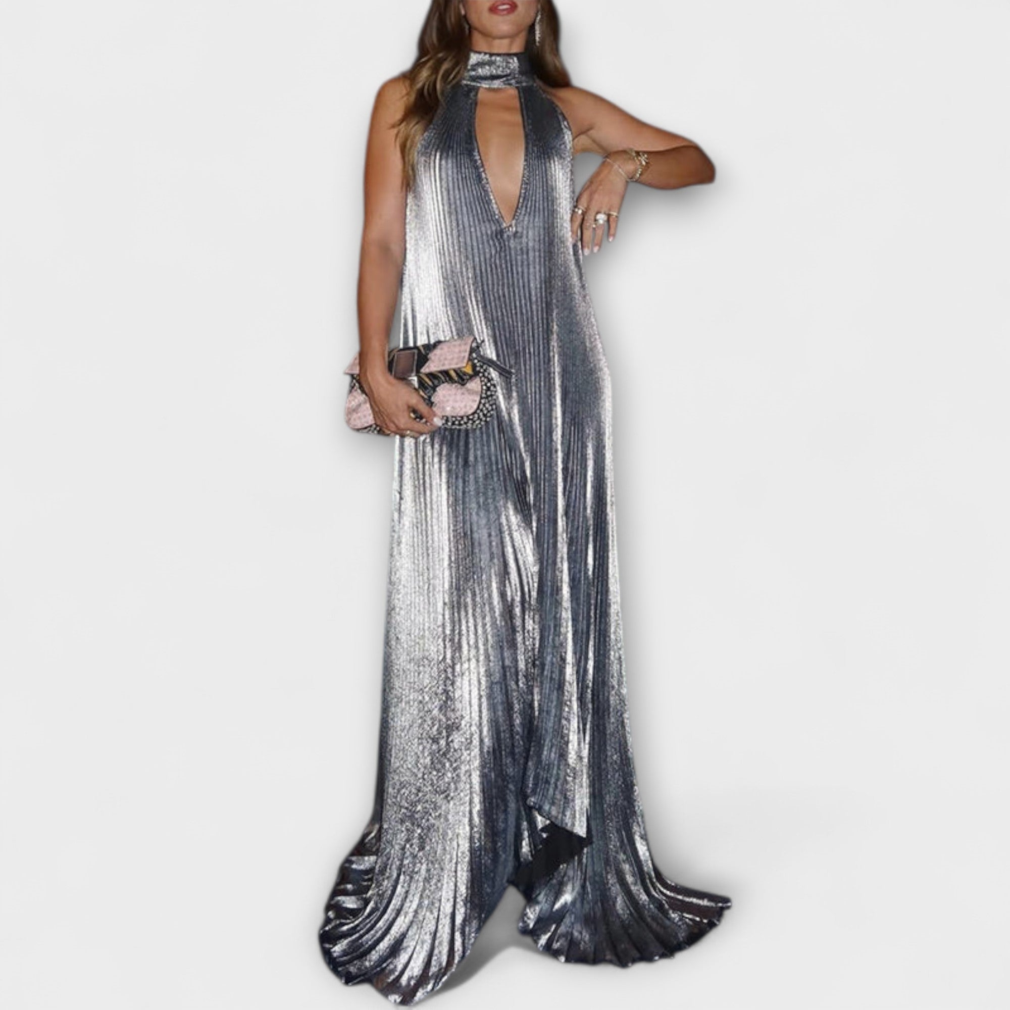 Calliope - Abito Maxy A-Line in Tessuto Metallico Pieghettato