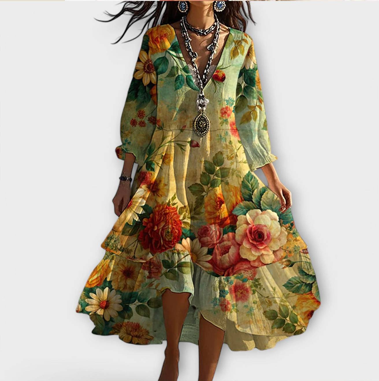 Marina - Abito Vintage Boho con Motivo Floreale e Scollatura a V