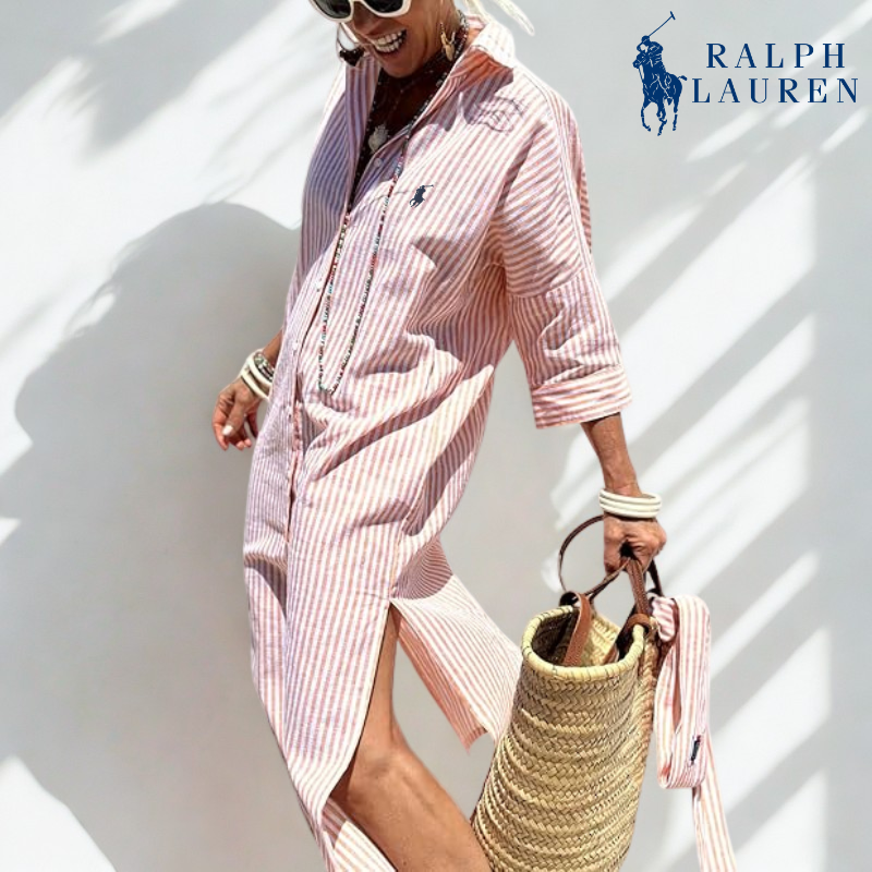 R. Ꮮаᴜгеn Abito Camicia a Strisce con Vita Regolabile