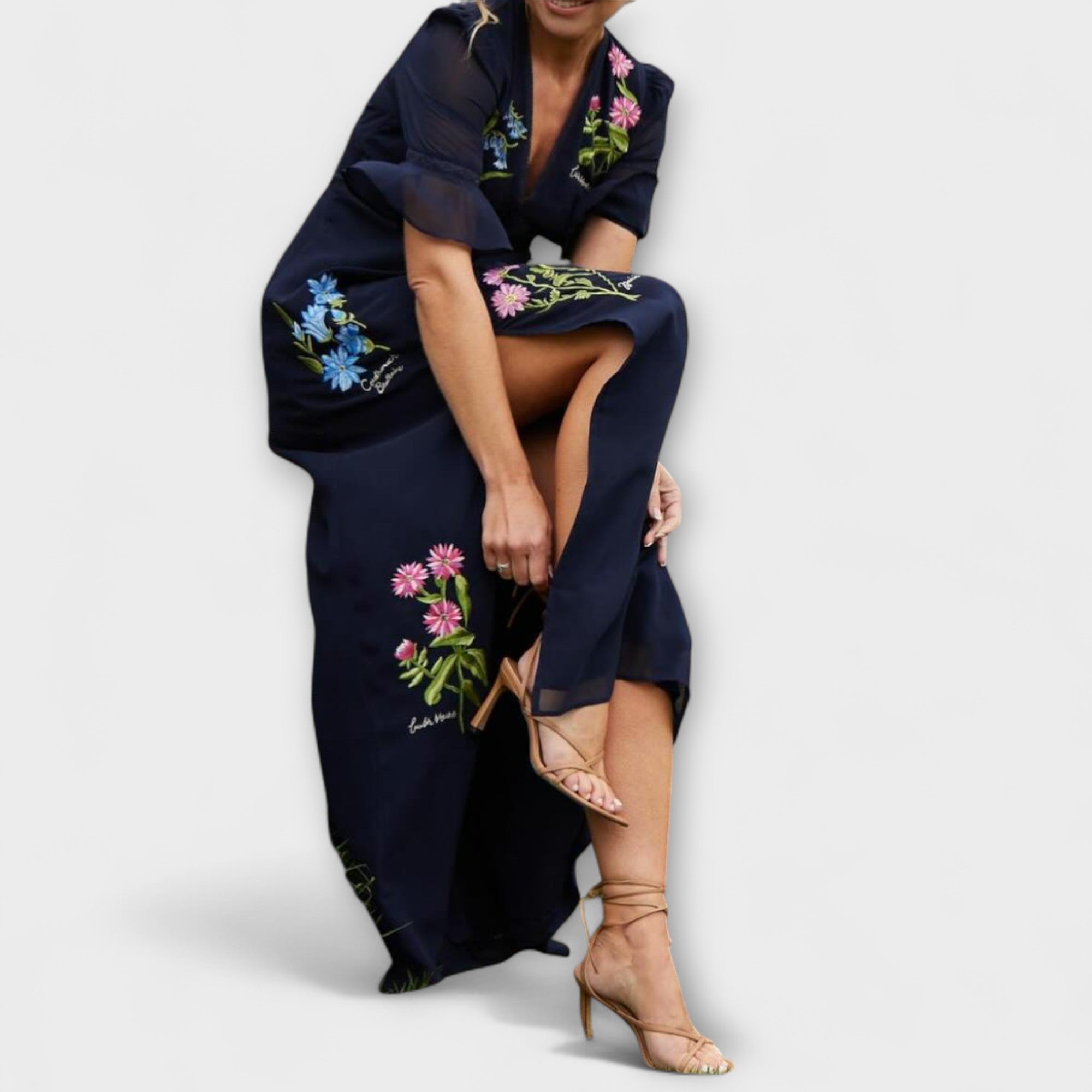 Beatrice - Elegante Vestito Blu Navy con Ricamo Floreale