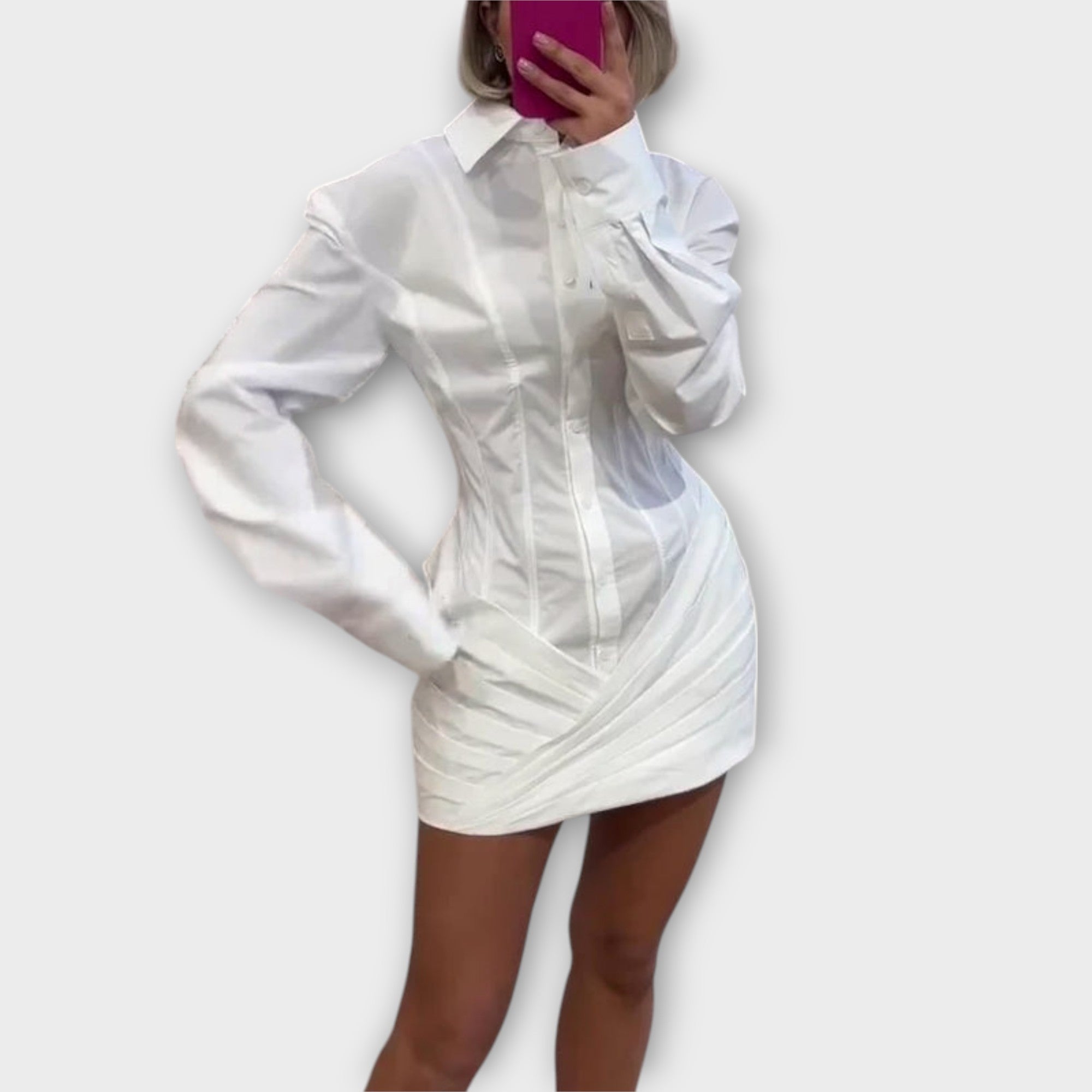 Indie - Abito camicia bianco plissettato a maniche lunghe