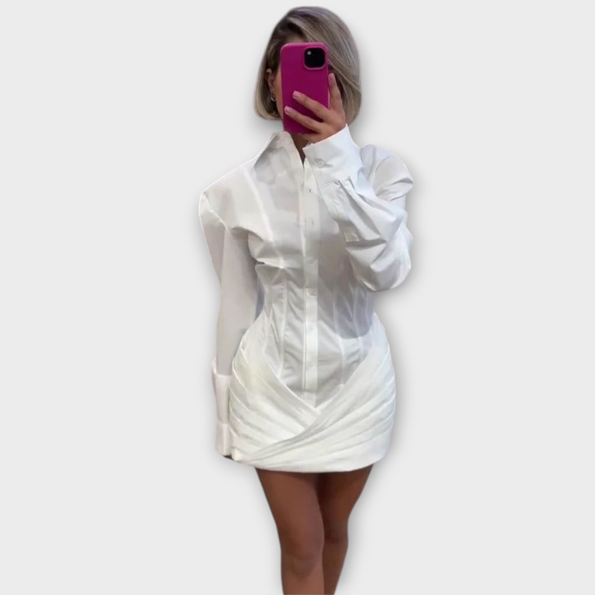 Indie - Abito camicia bianco plissettato a maniche lunghe
