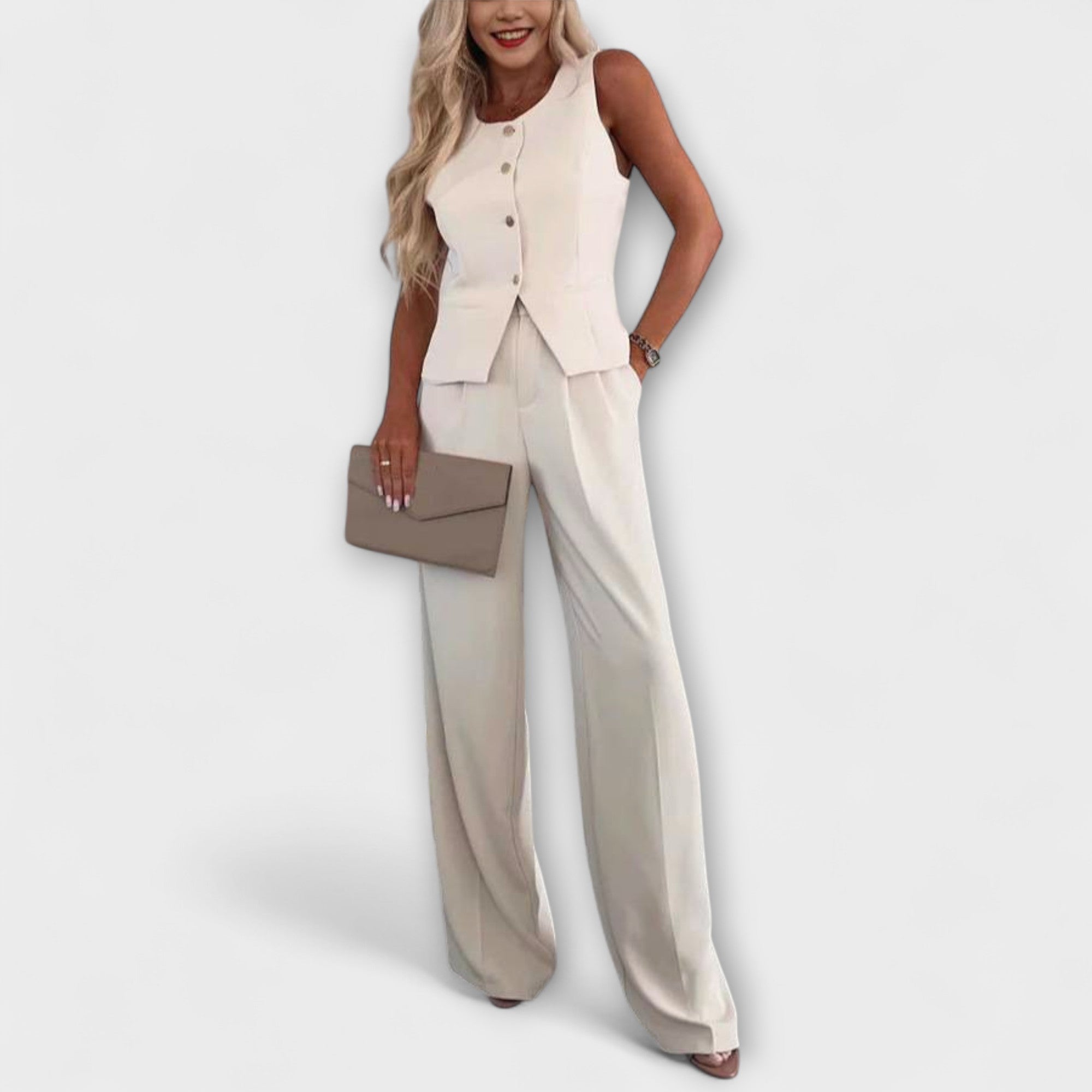 Hazel - Elegante completo in due pezzi con top a scollo a V e pantaloni