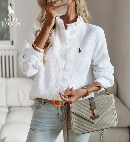 R. Ꮮаᴜгеn Camicia Button-Up con Rouches – Vestibilità Morbida e Testurizzata
