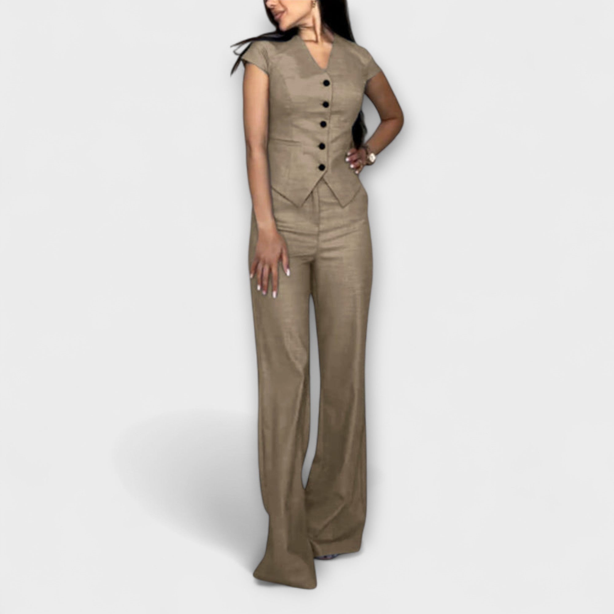 Ivy - Elegante top con scollo a V e set di pantaloni