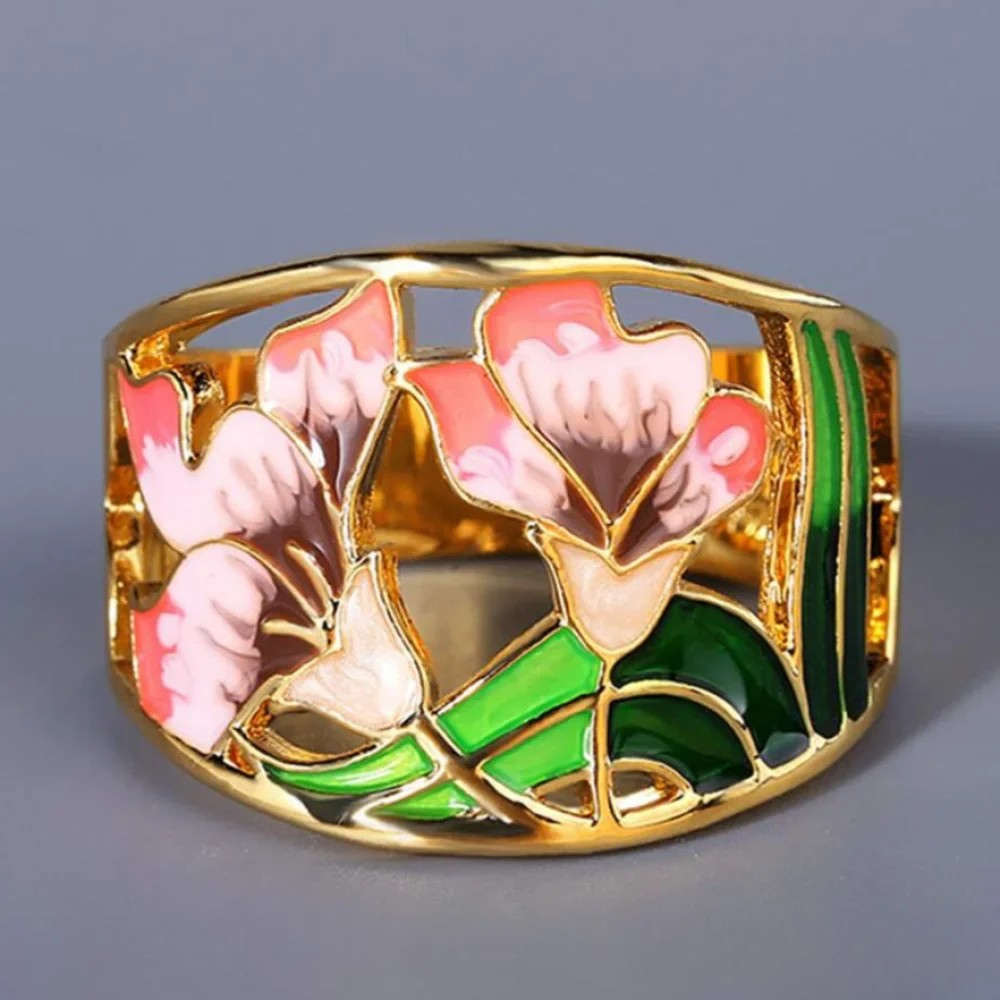 Anello in Fiori di Smalto Oro Retro