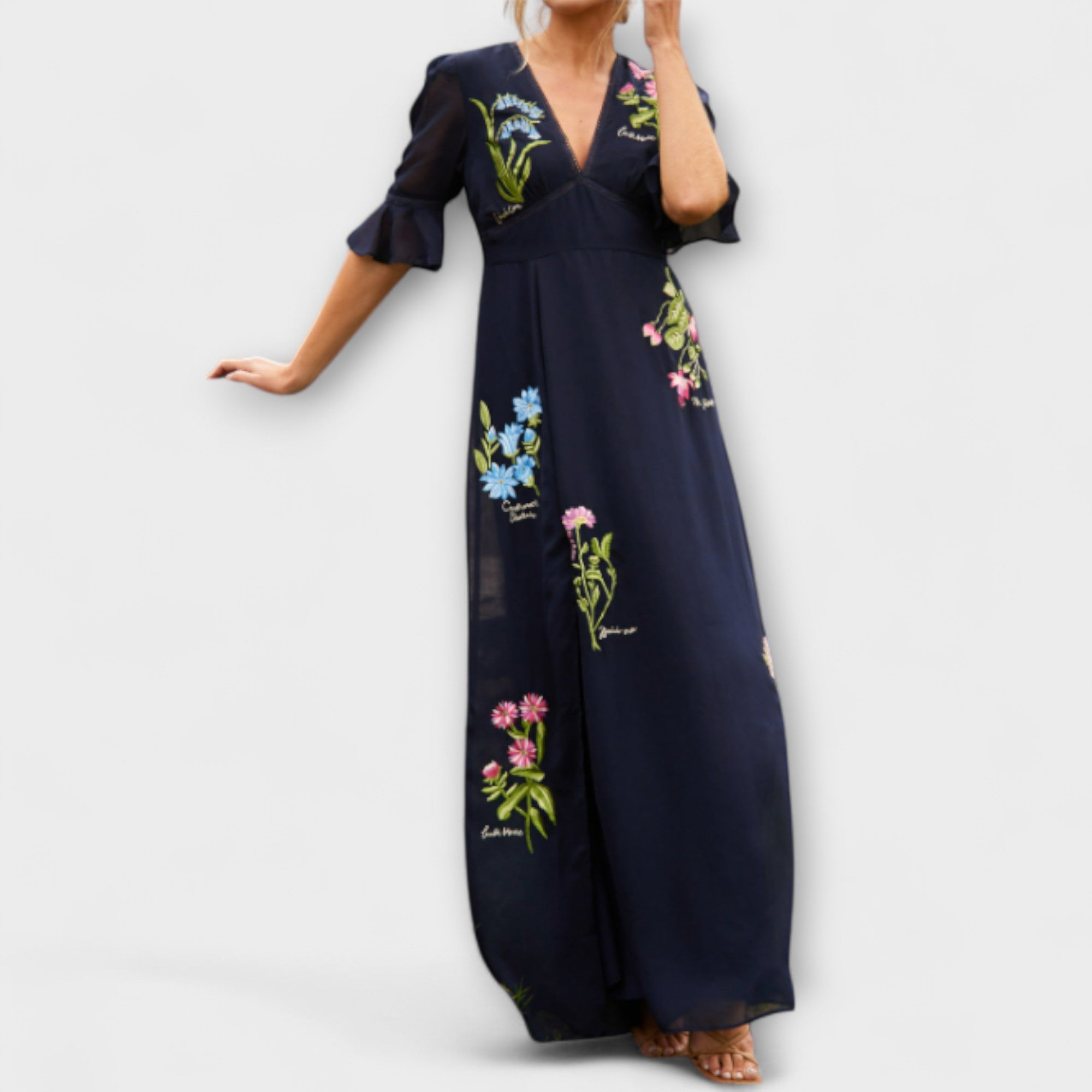 Beatrice - Elegante Vestito Blu Navy con Ricamo Floreale