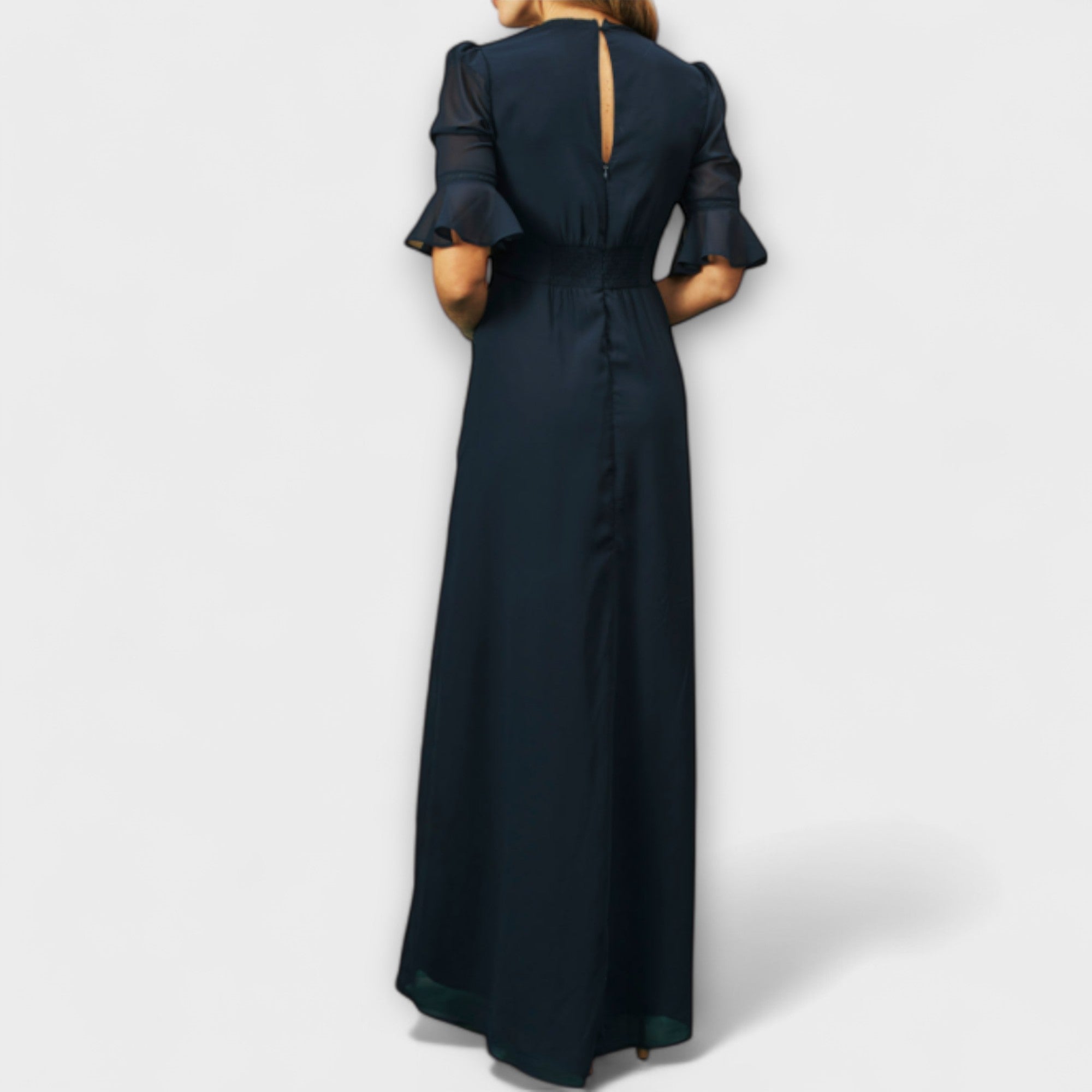 Beatrice - Elegante Vestito Blu Navy con Ricamo Floreale