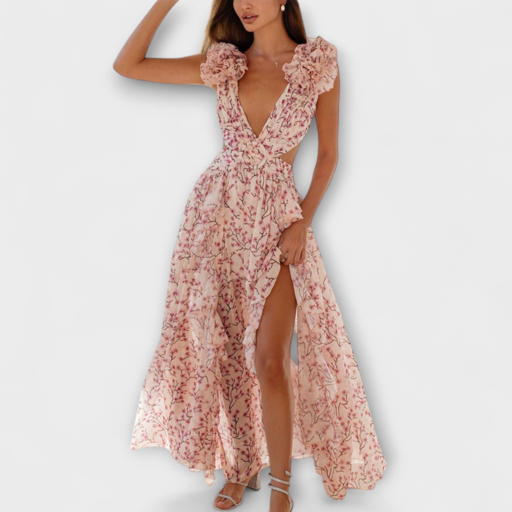 Elin - Maxidress con bordi a volant e dettagli cut-out