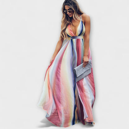 Abito da donna a righe multicolore con scollatura a V