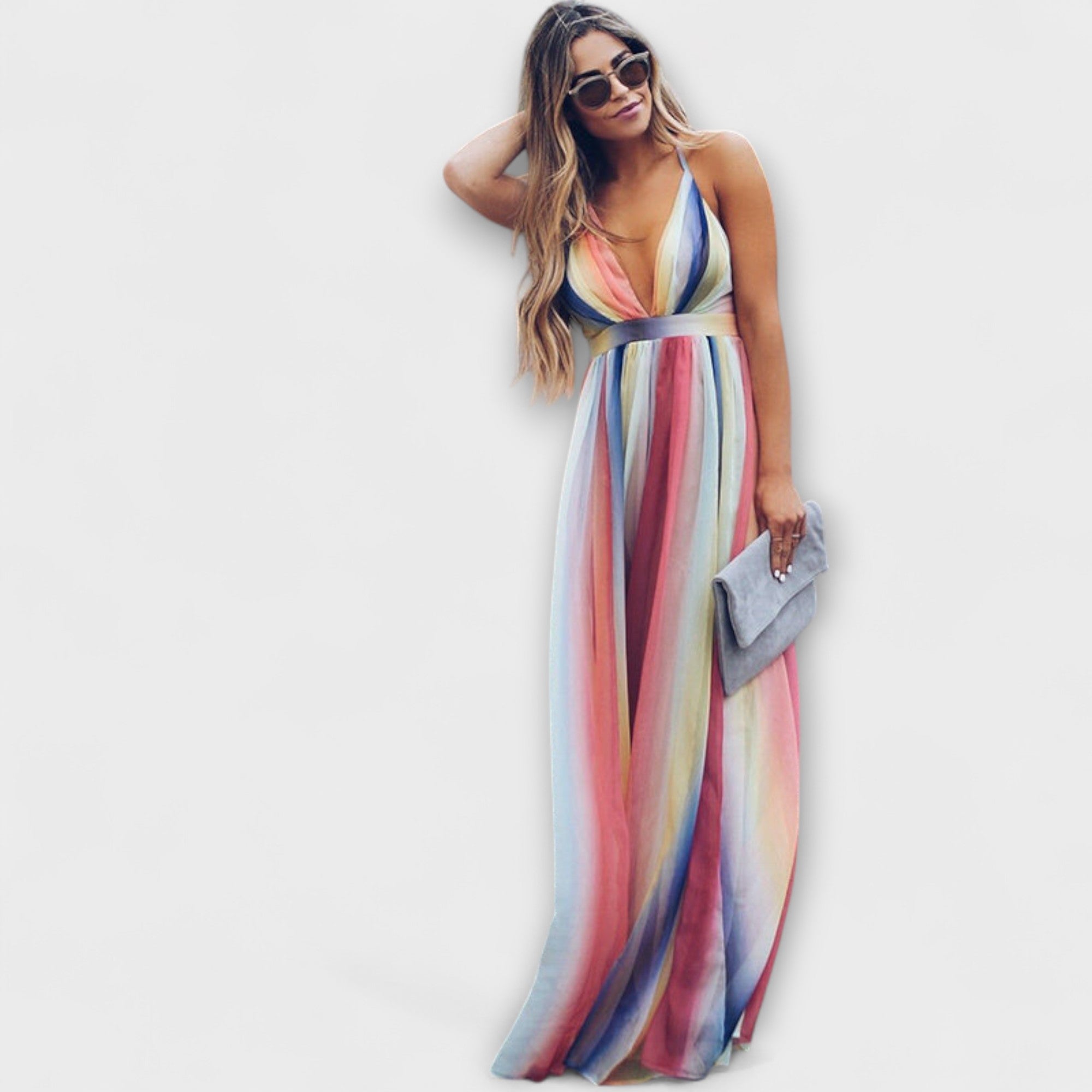 Abito da donna a righe multicolore con scollatura a V