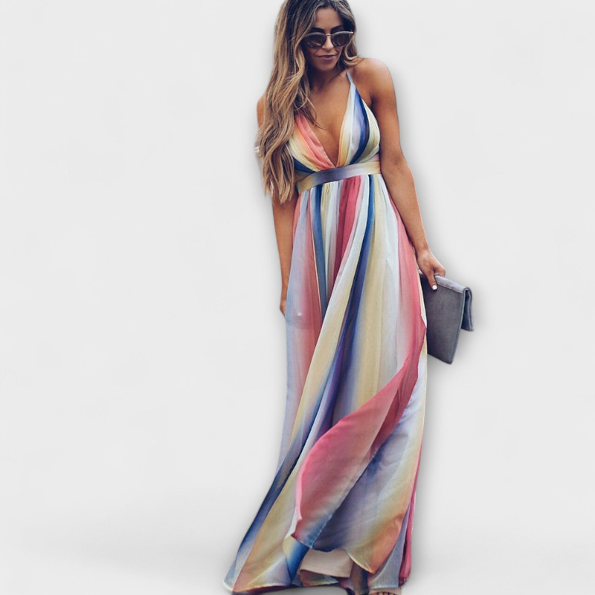 Abito da donna a righe multicolore con scollatura a V