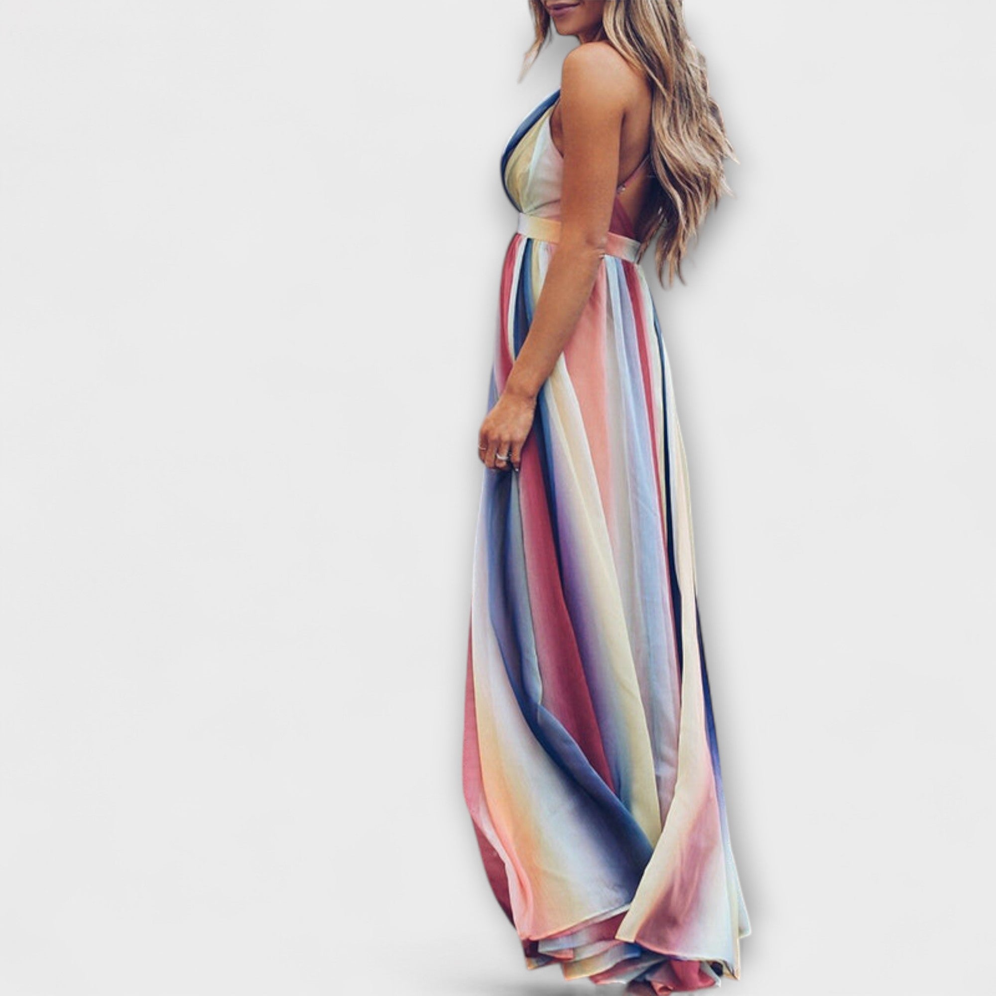 Abito da donna a righe multicolore con scollatura a V