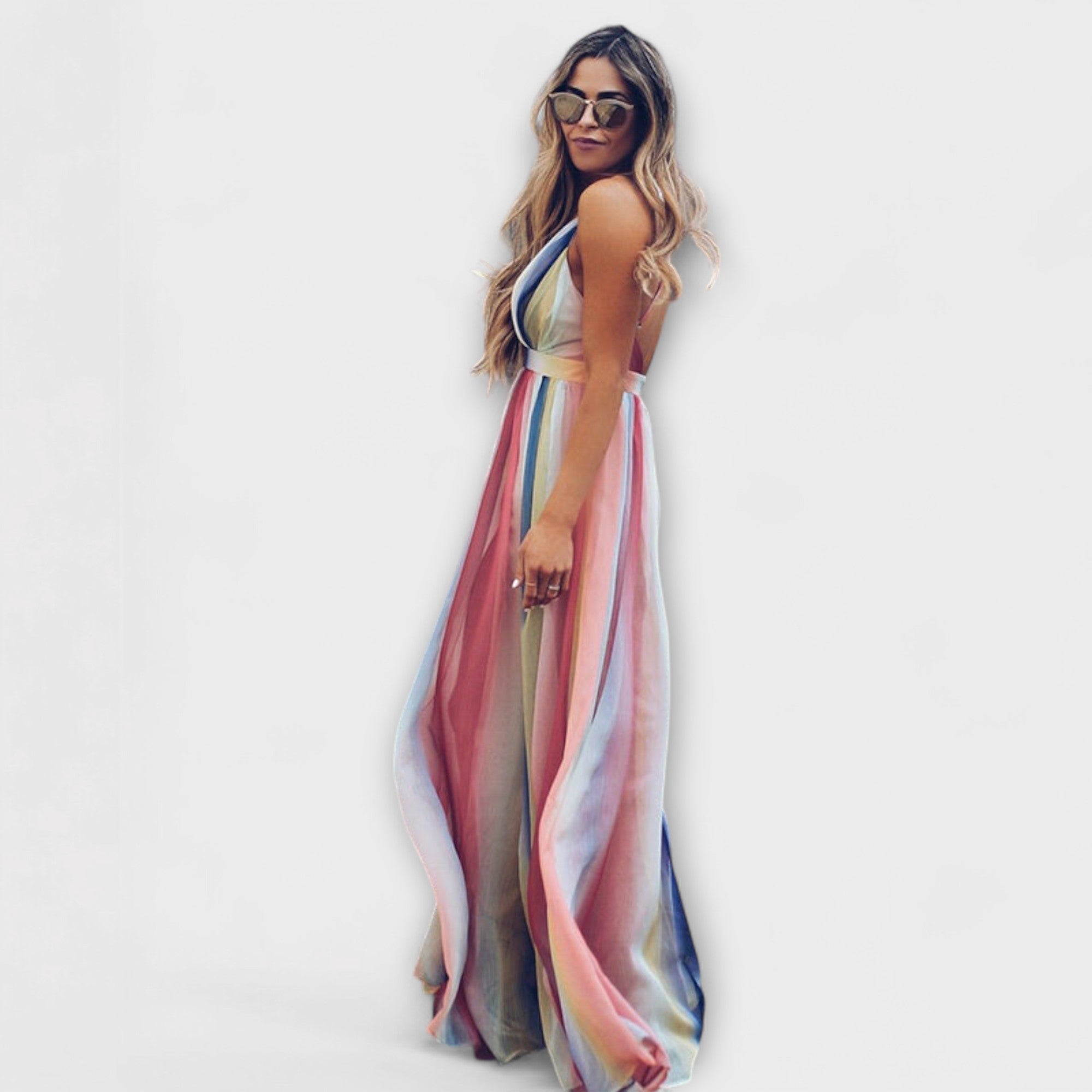 Abito da donna a righe multicolore con scollatura a V