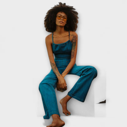 Julie - Tuta in Denim a Zampa con Dettaglio di Lacci