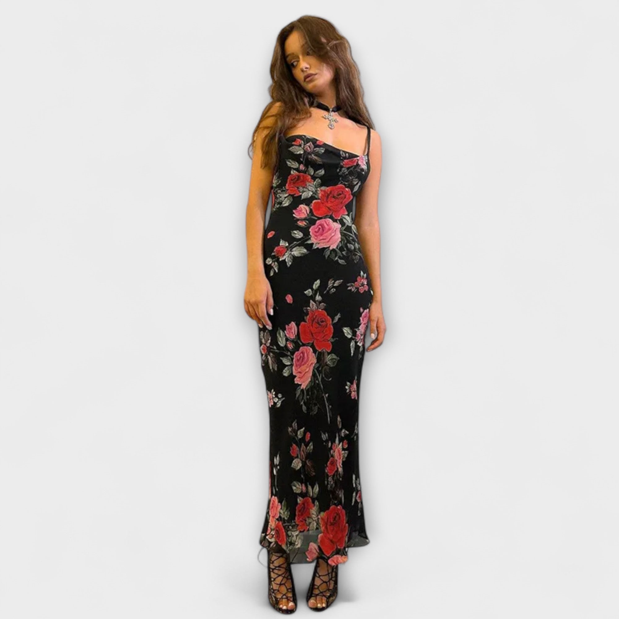 Abito Bodycon con Spalline a Spaghetti con Motivo Floreale