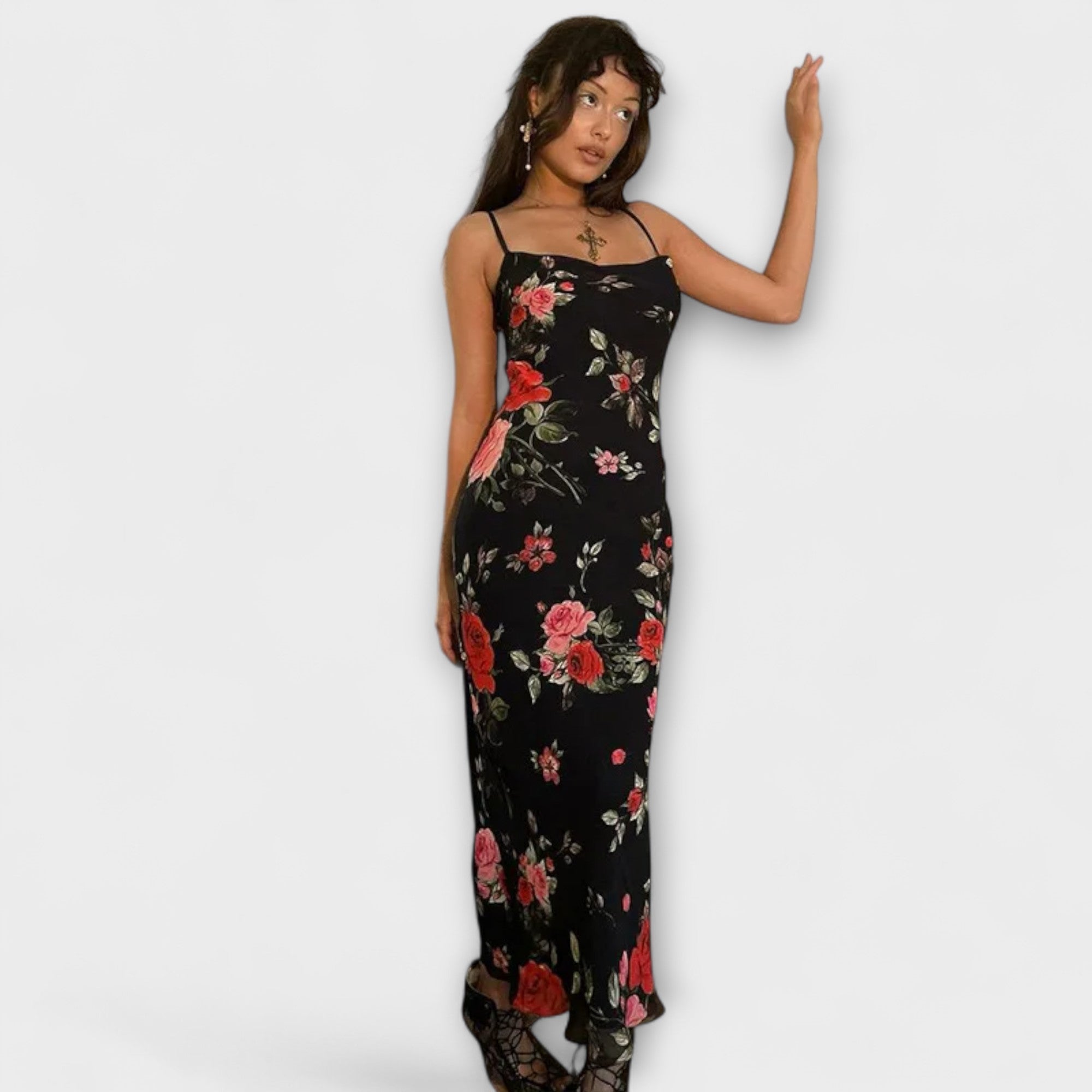 Abito Bodycon con Spalline a Spaghetti con Motivo Floreale