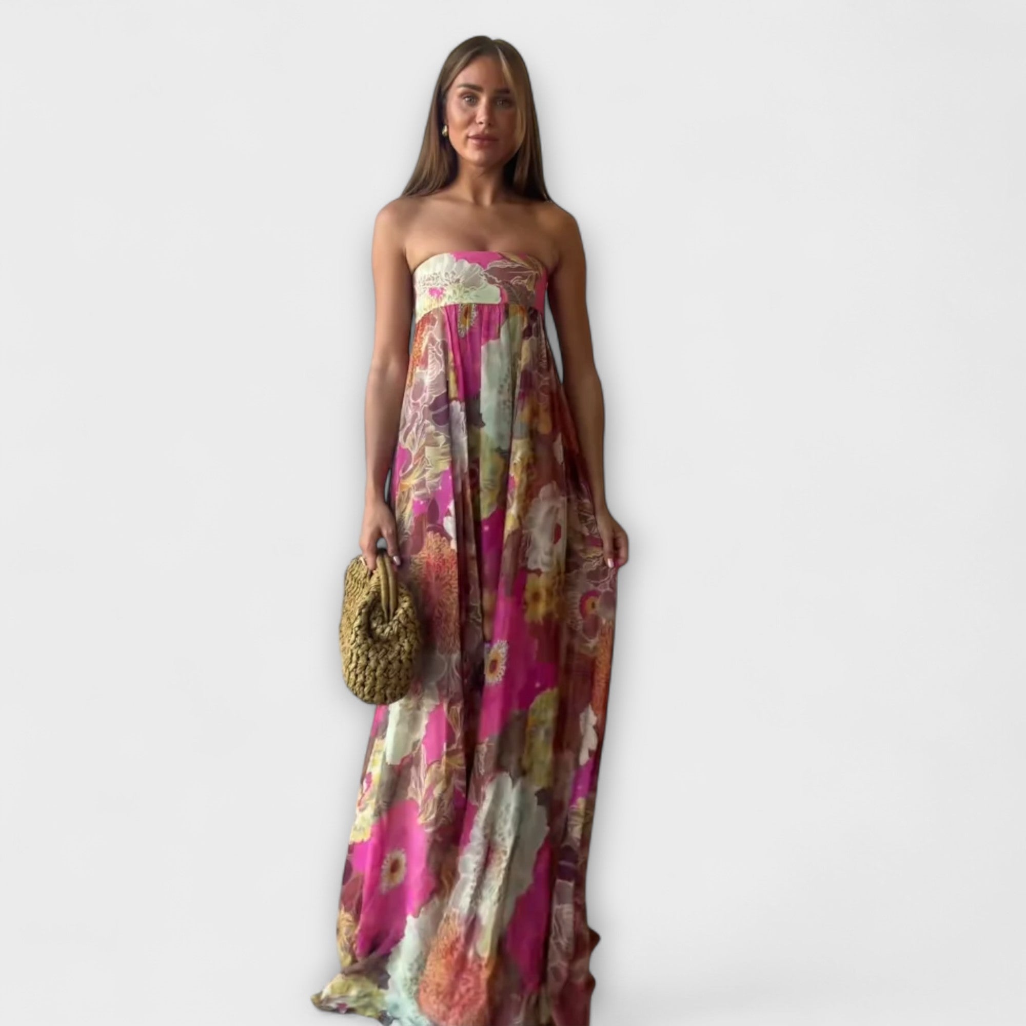 Elegante Abito Maxy Plissettato Senza Spalline