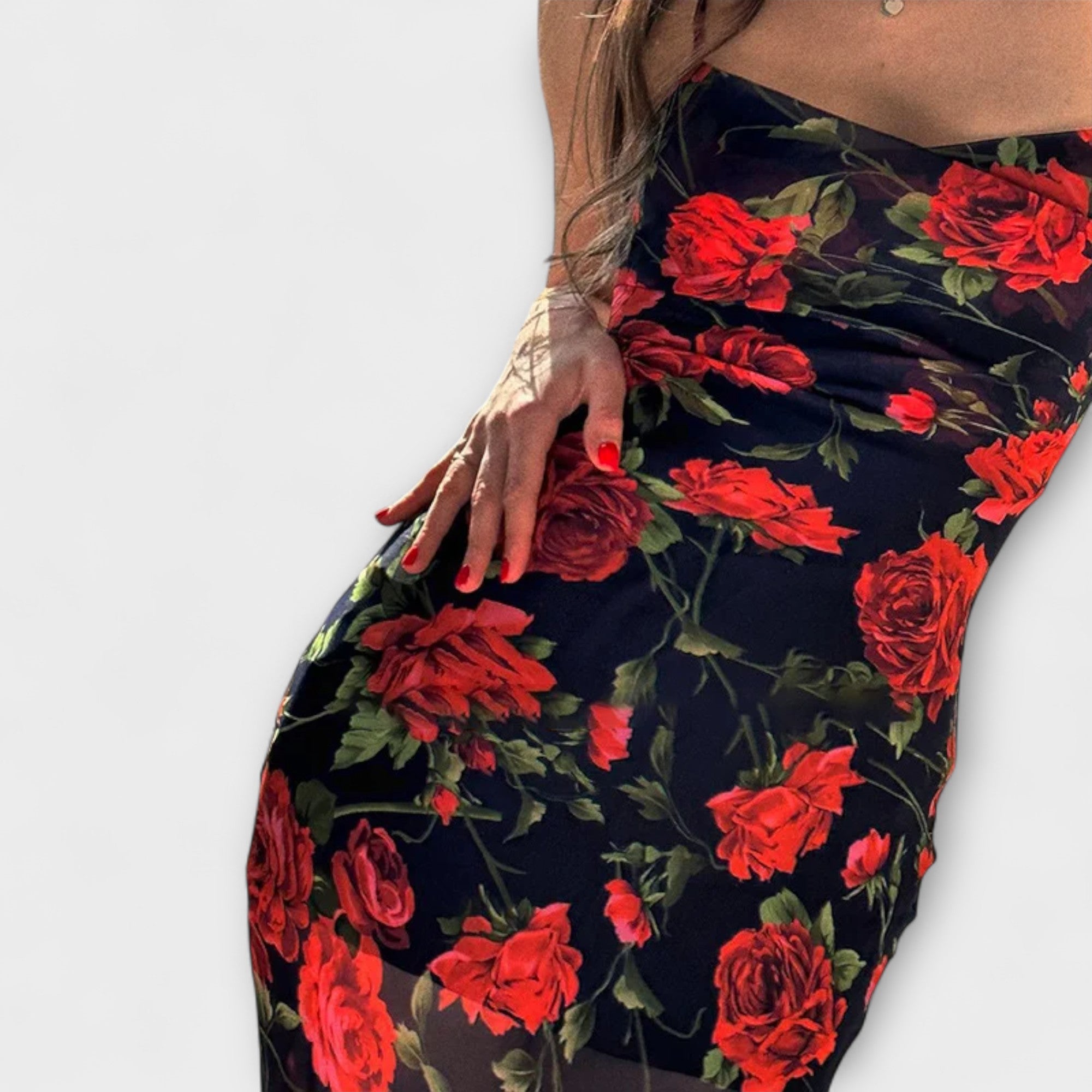 Abito Bodycon con Spalline a Spaghetti con Motivo Floreale
