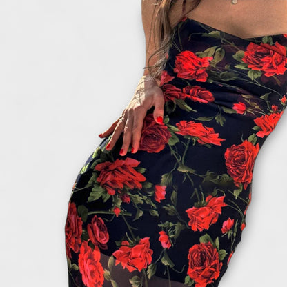 Abito Bodycon con Spalline a Spaghetti con Motivo Floreale