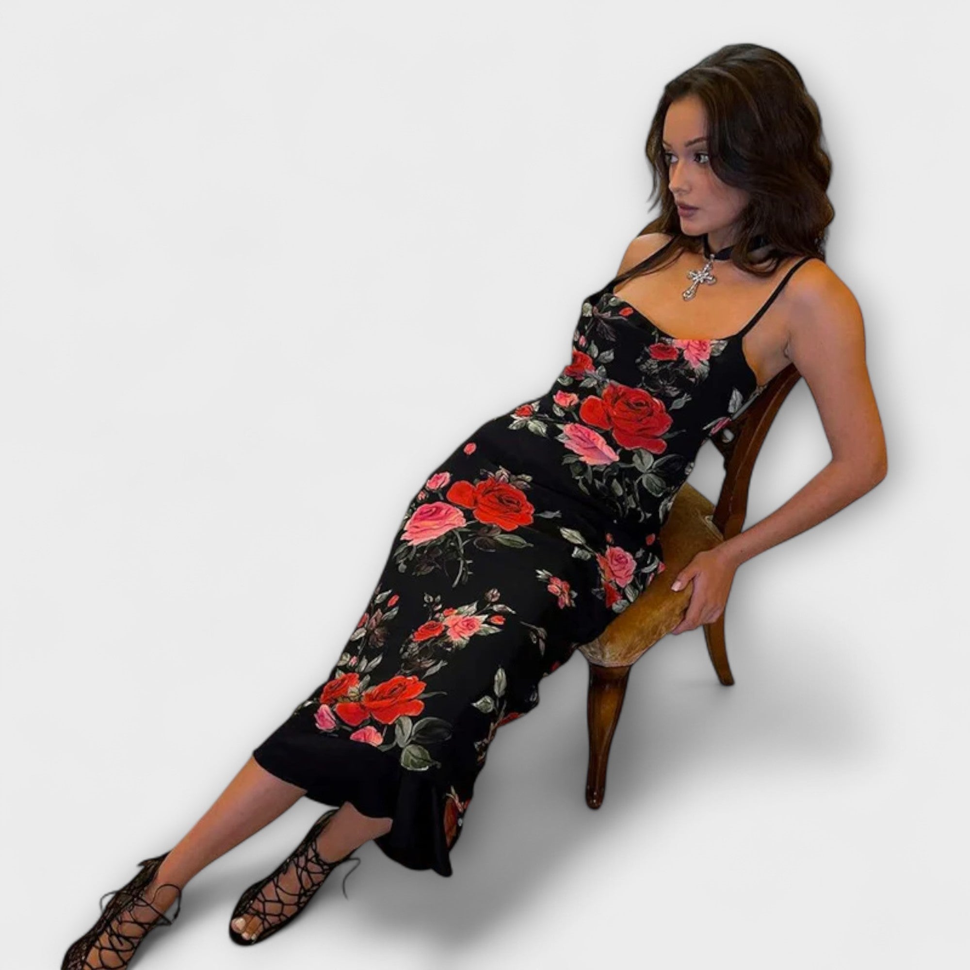 Abito Bodycon con Spalline a Spaghetti con Motivo Floreale