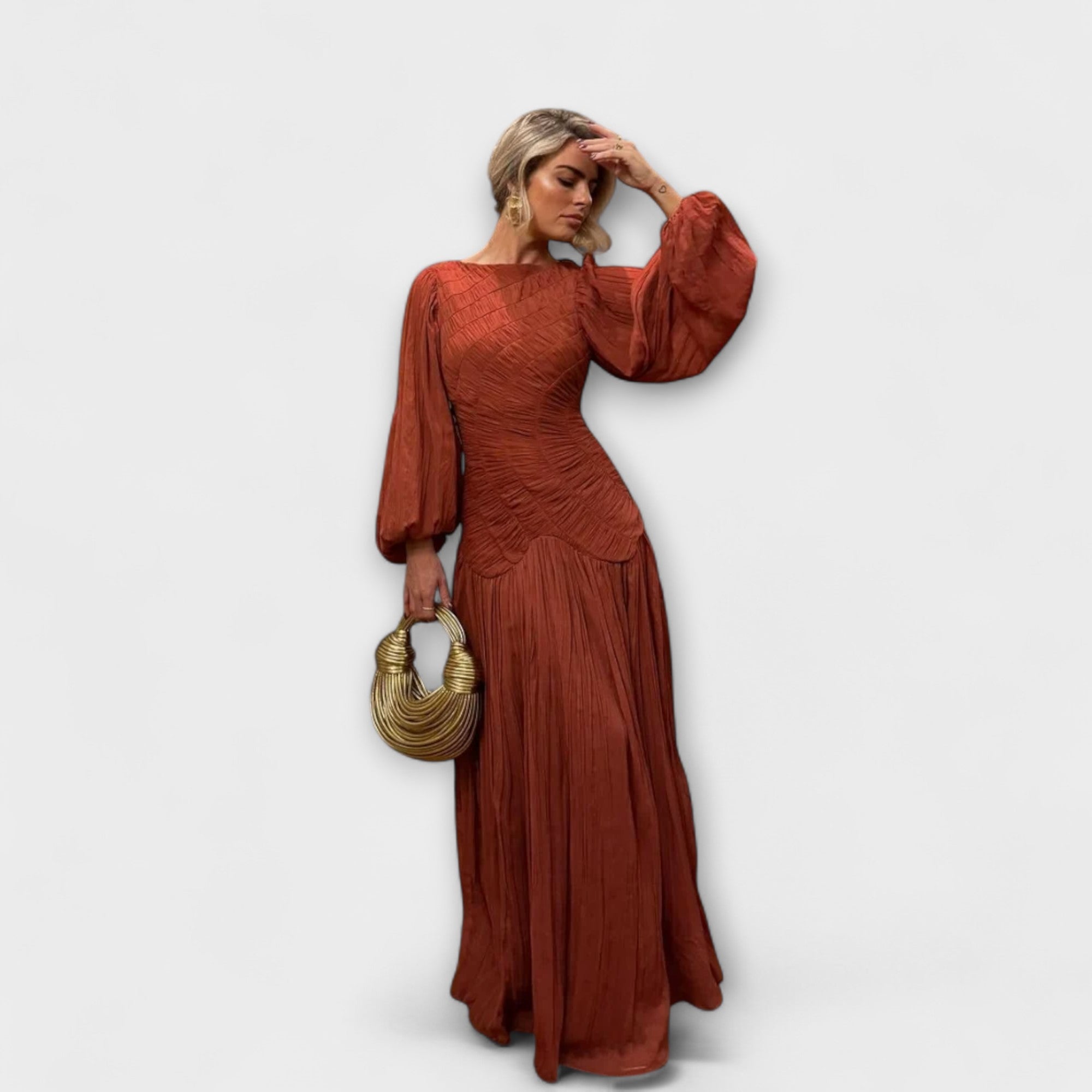 Abito Elegante Plissettato a Maniche Lunghe
