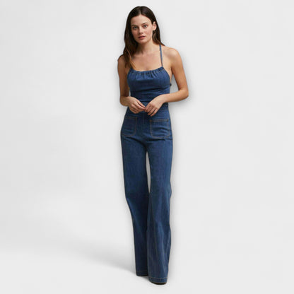 Julie - Tuta in Denim a Zampa con Dettaglio di Lacci