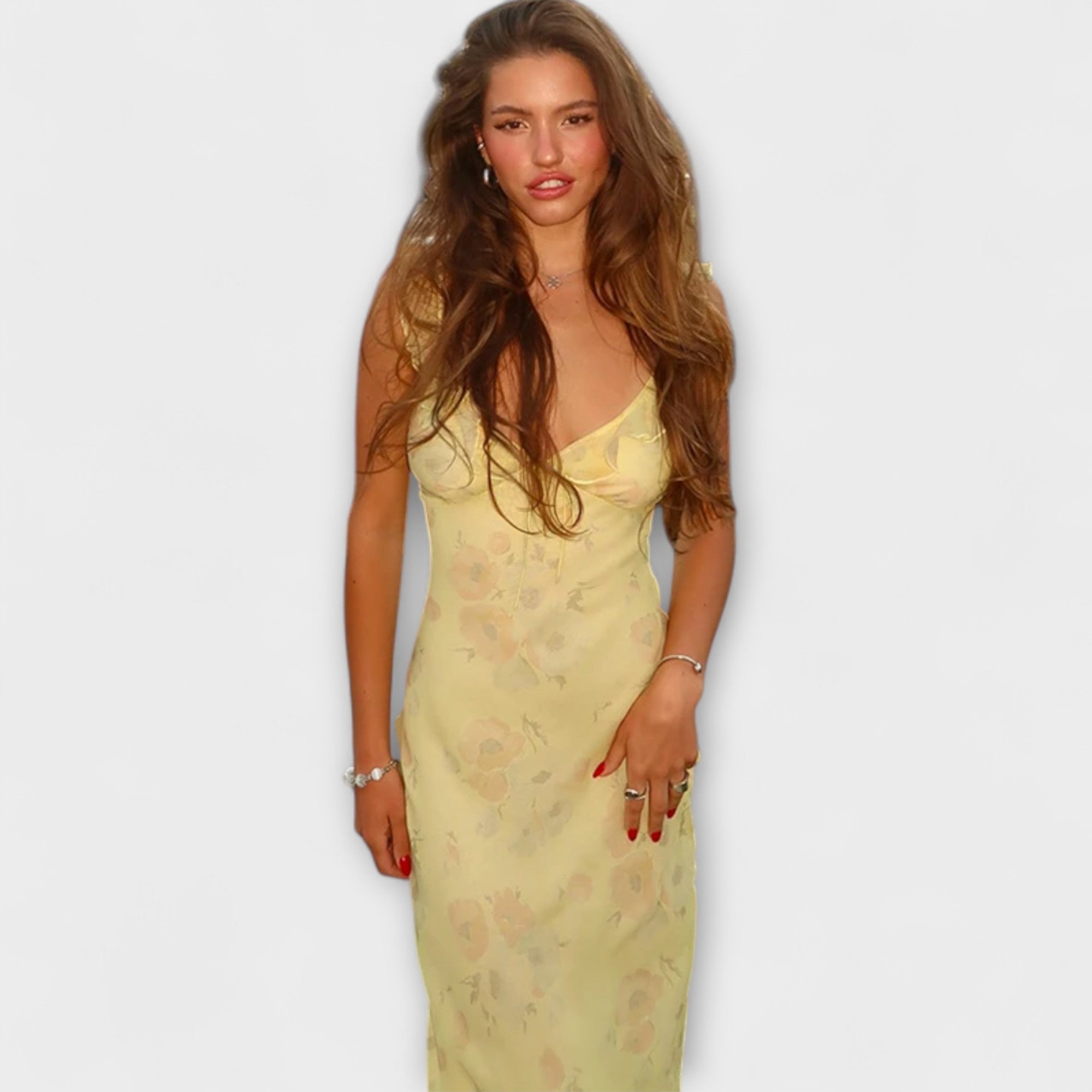Abito Maxi Plunge con Stampa Floreale Kryptografica