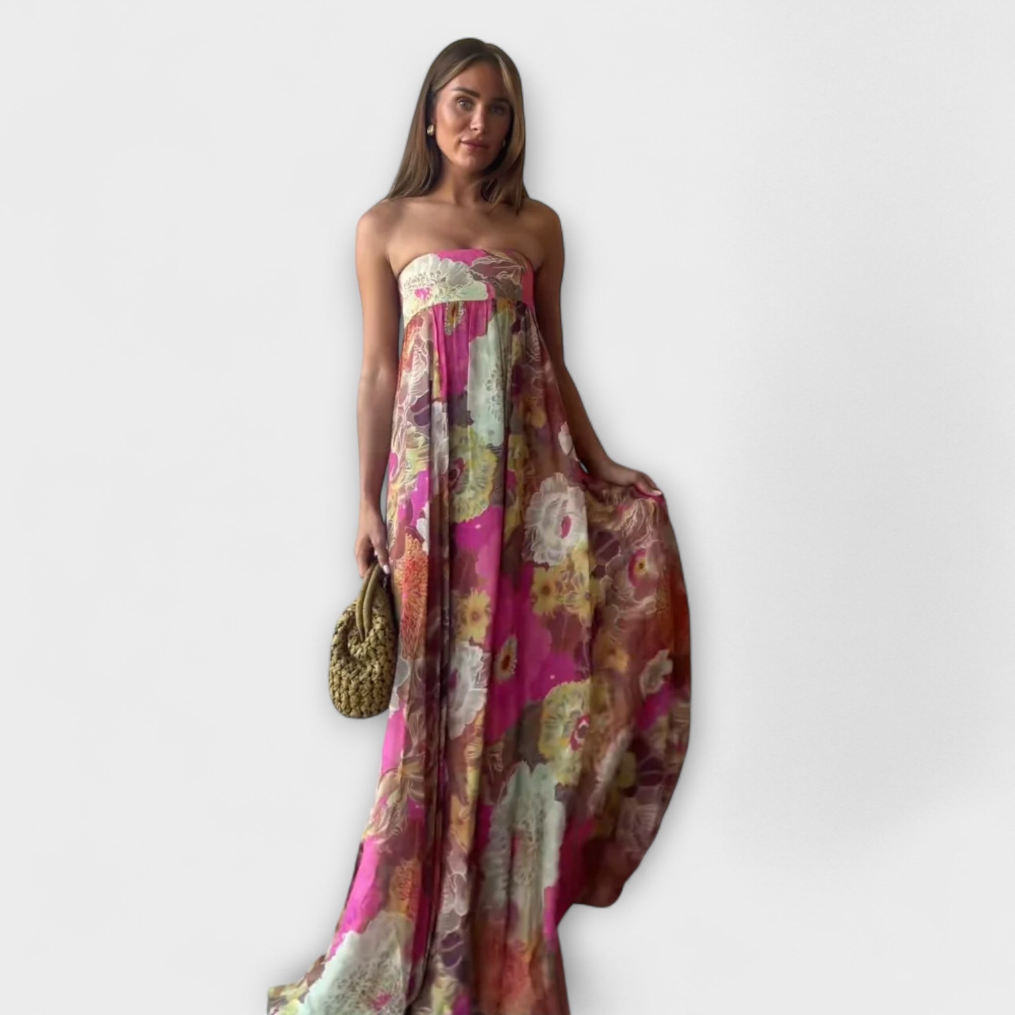 Elegante Abito Maxy Plissettato Senza Spalline