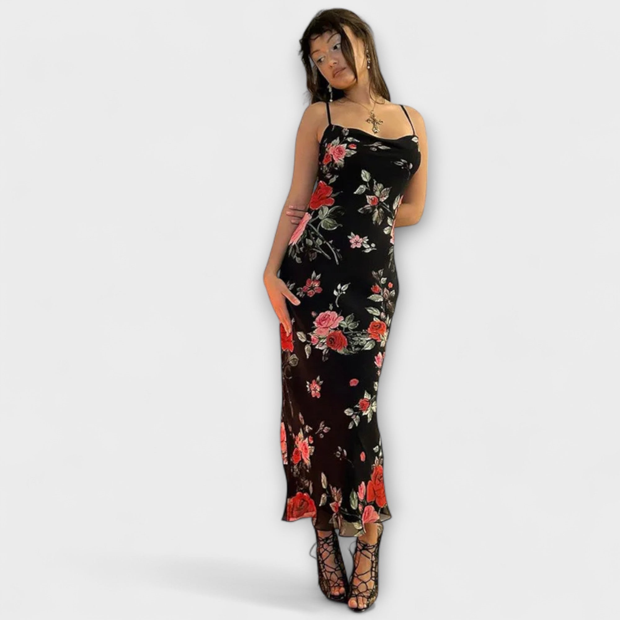 Abito Bodycon con Spalline a Spaghetti con Motivo Floreale