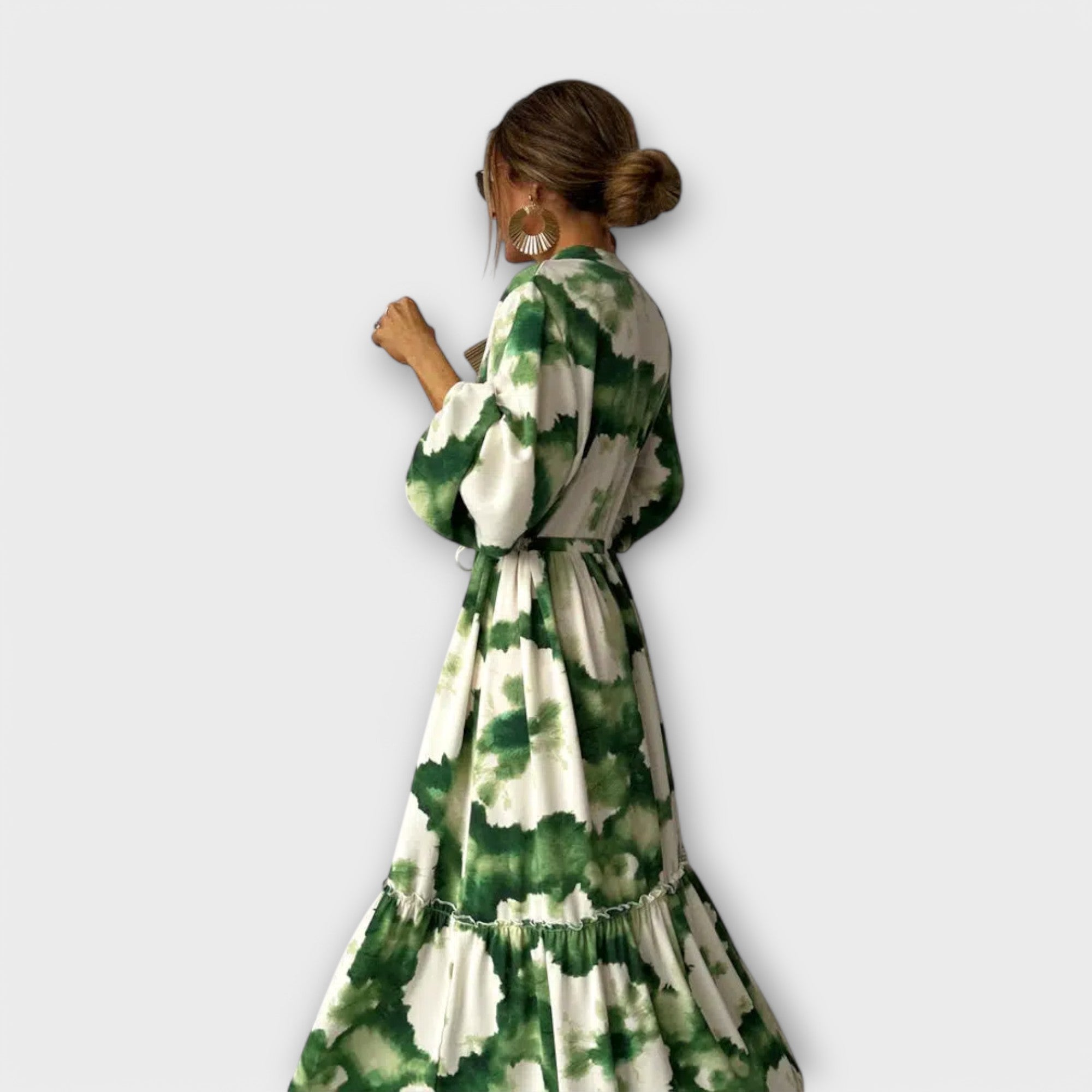 Melina - Abito Maxi Verde con Maniche Lunghe e Scollatura a V