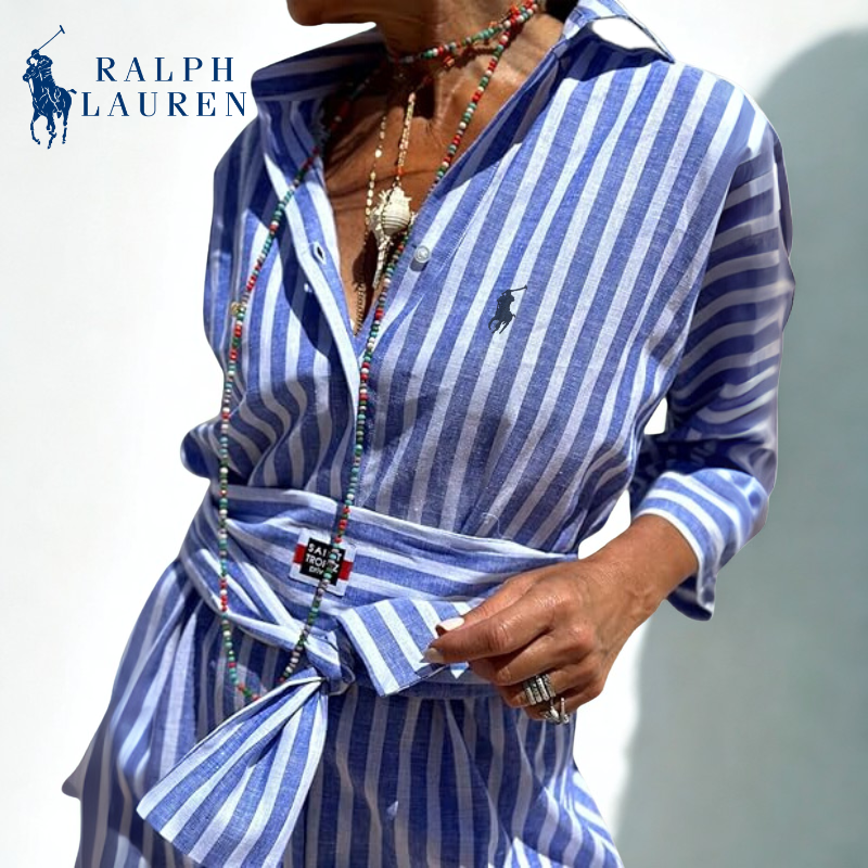 R. Ꮮаᴜгеn Abito Camicia a Strisce con Vita Regolabile