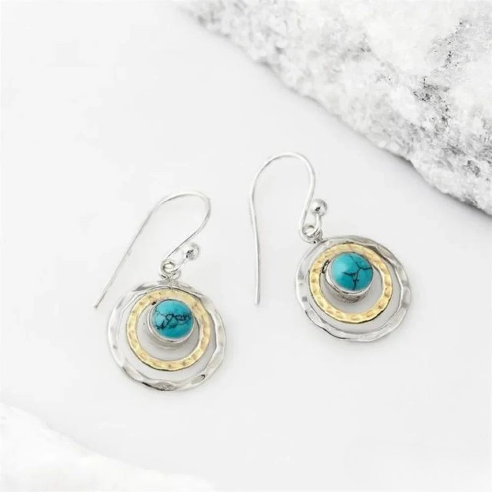 Orecchini Boho Saturno con pietra turchese in argento e oro