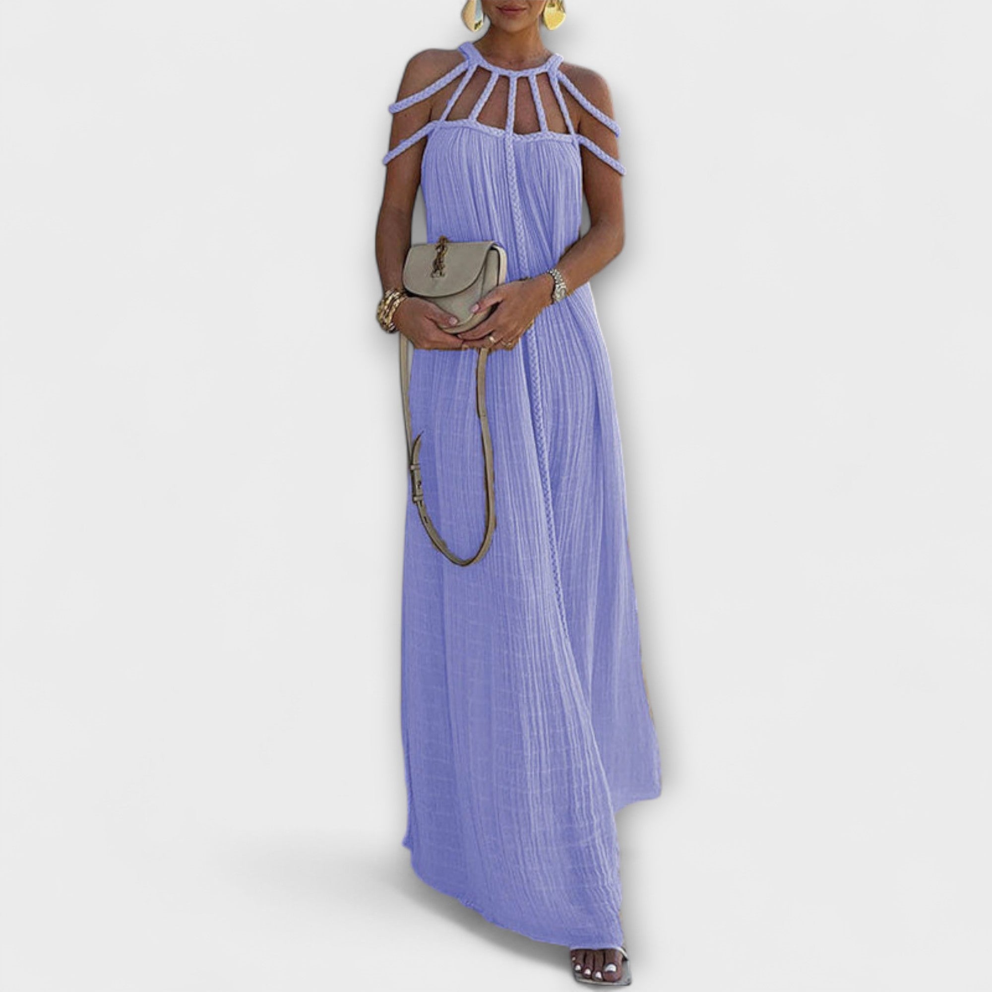Briar - Un elegante abito maxi in tessuto misto con trecce drappeggiate