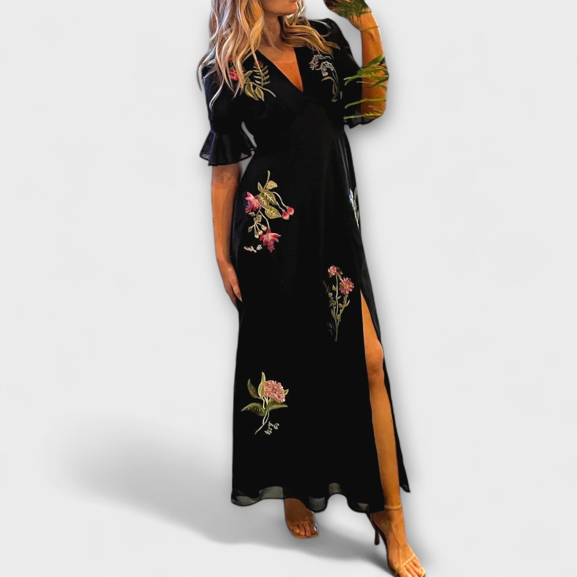 Beatrice - Elegante Vestito Blu Navy con Ricamo Floreale
