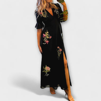Beatrice - Elegante Vestito Blu Navy con Ricamo Floreale