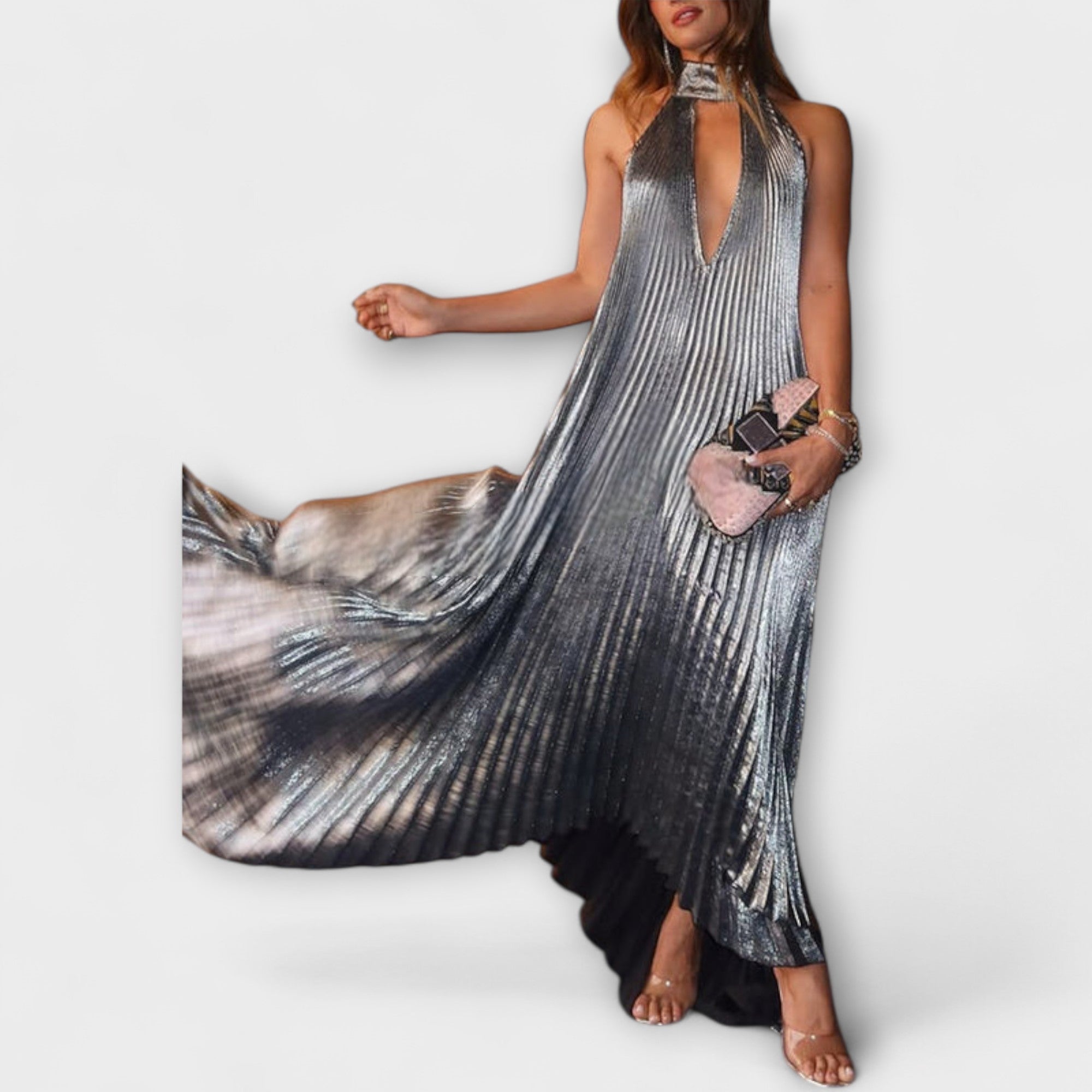 Calliope - Abito Maxy A-Line in Tessuto Metallico Pieghettato