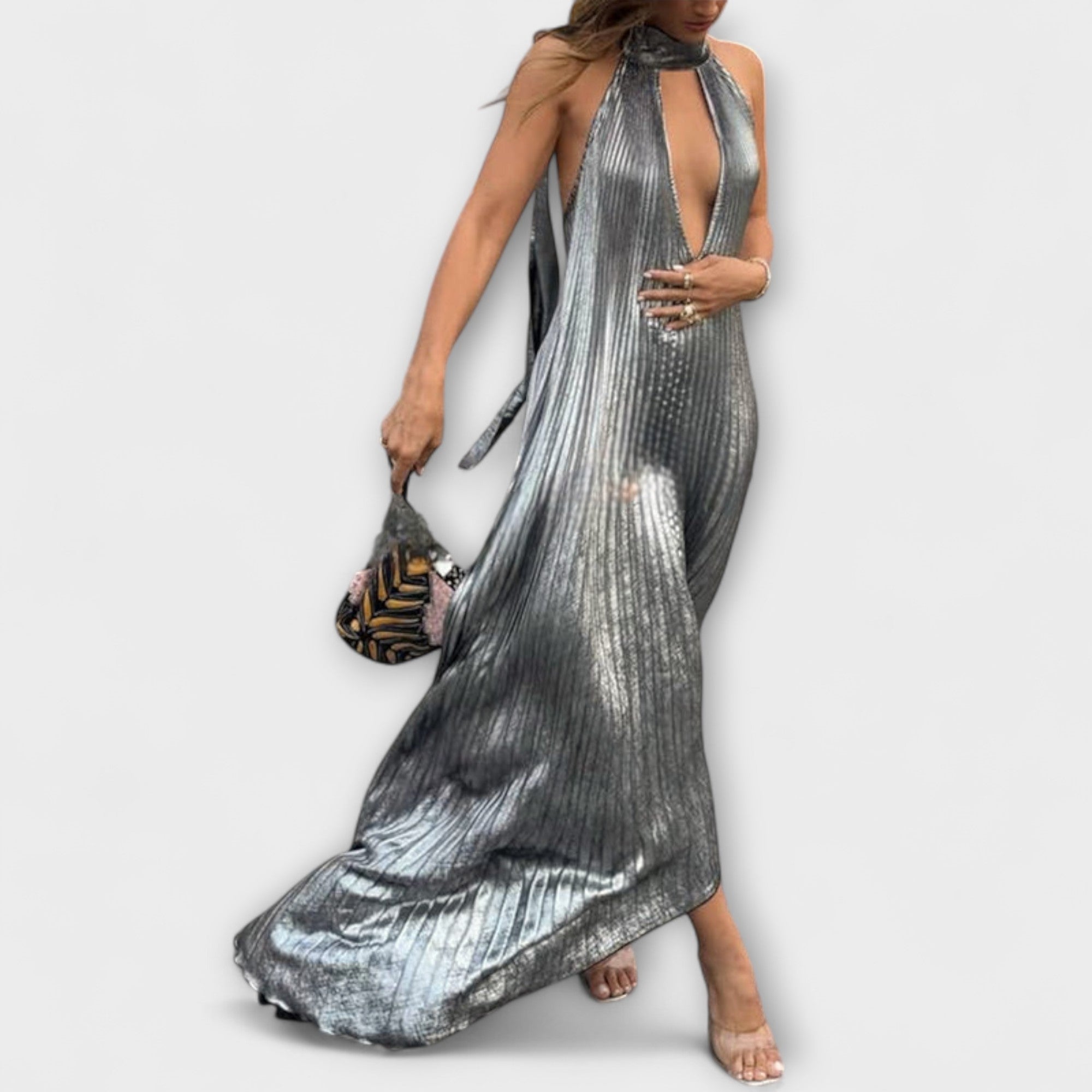 Calliope - Abito Maxy A-Line in Tessuto Metallico Pieghettato