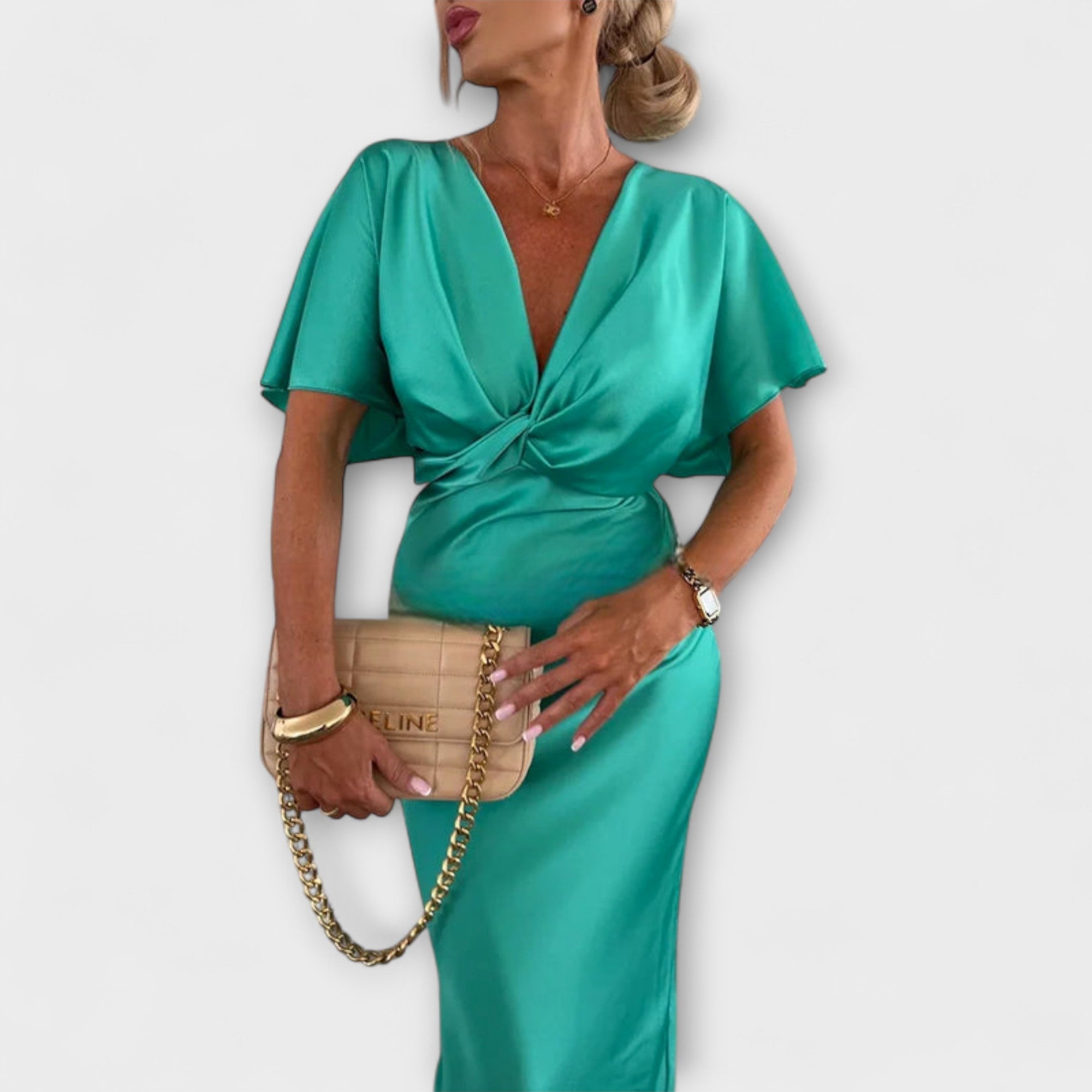 Sable - Abito Maxi Slim Fit in Satin con Scollo a V e Nodo Incrociato