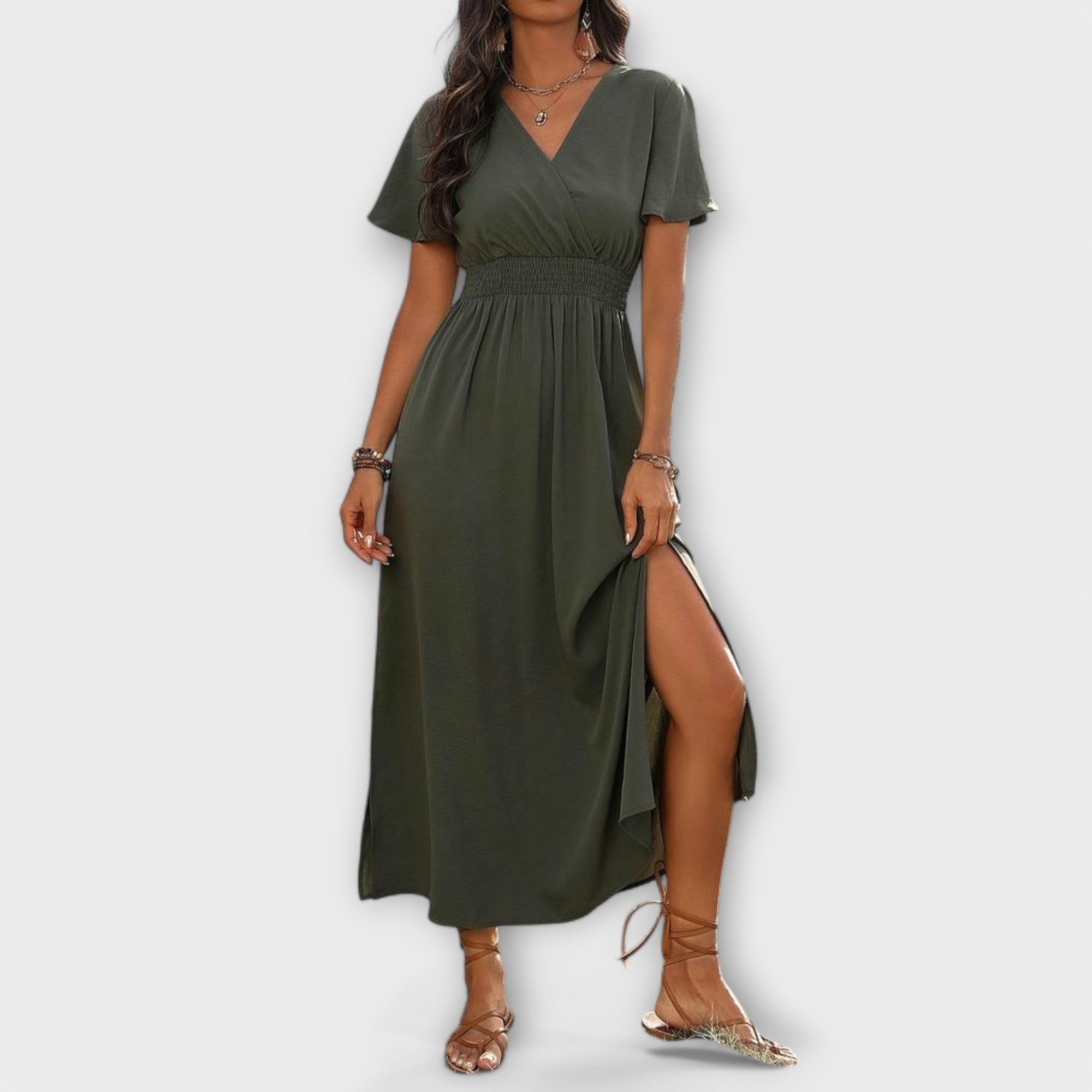 Heather - Elegante abito boho con scollatura a V e maniche lunghe