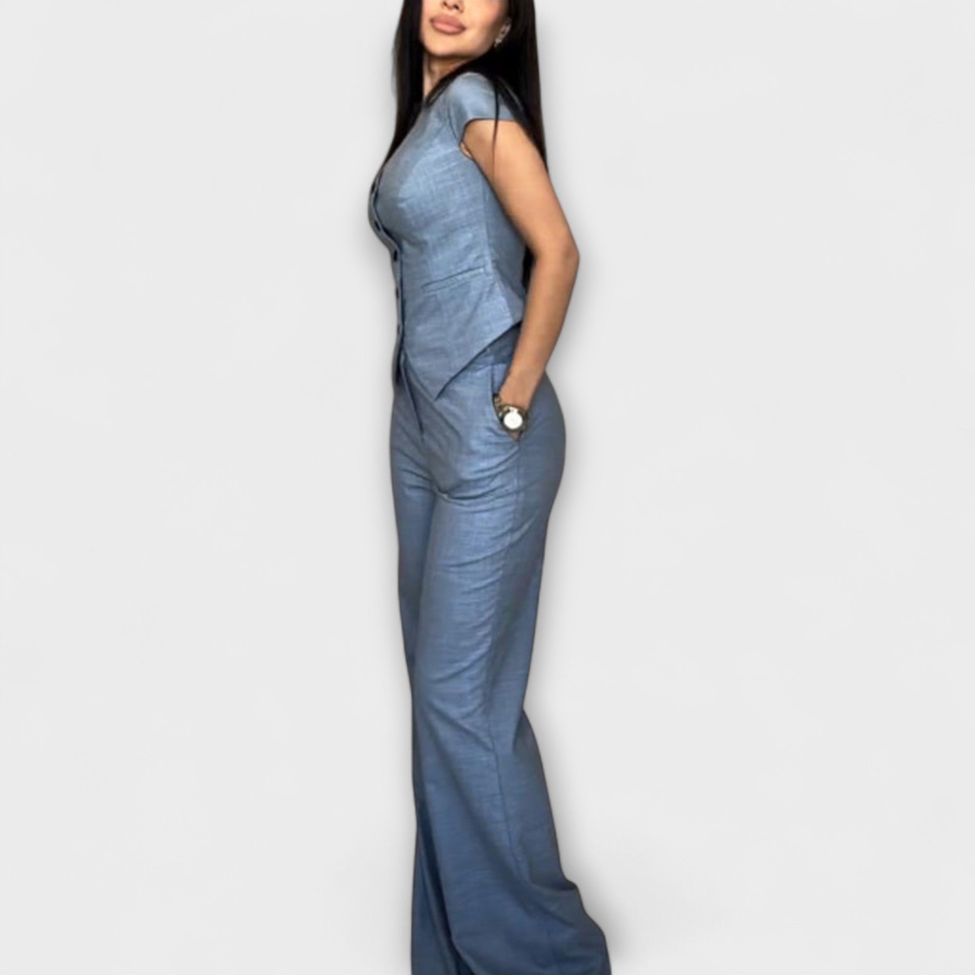 Ivy - Elegante top con scollo a V e set di pantaloni