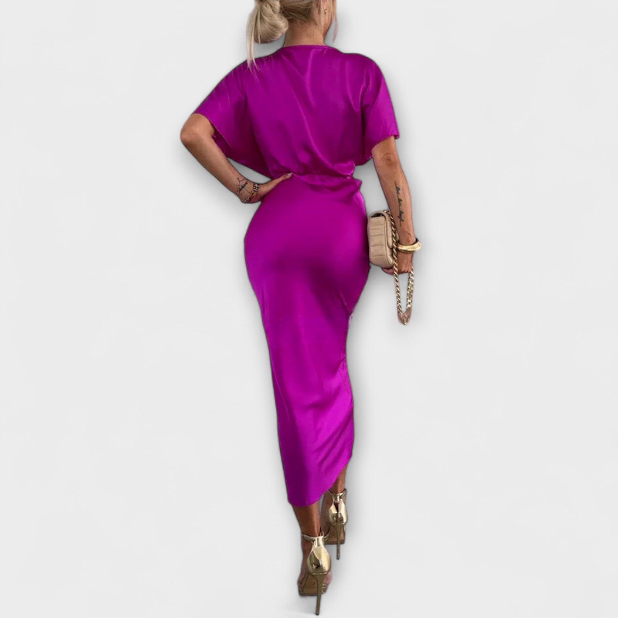 Sable - Abito Maxi Slim Fit in Satin con Scollo a V e Nodo Incrociato