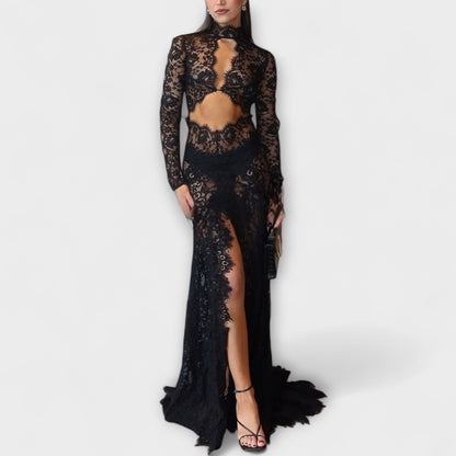 Azalee - Eleganza di Mezzanotte Abito Maxy Trasparente con Cutout a Maniche Lunghe
