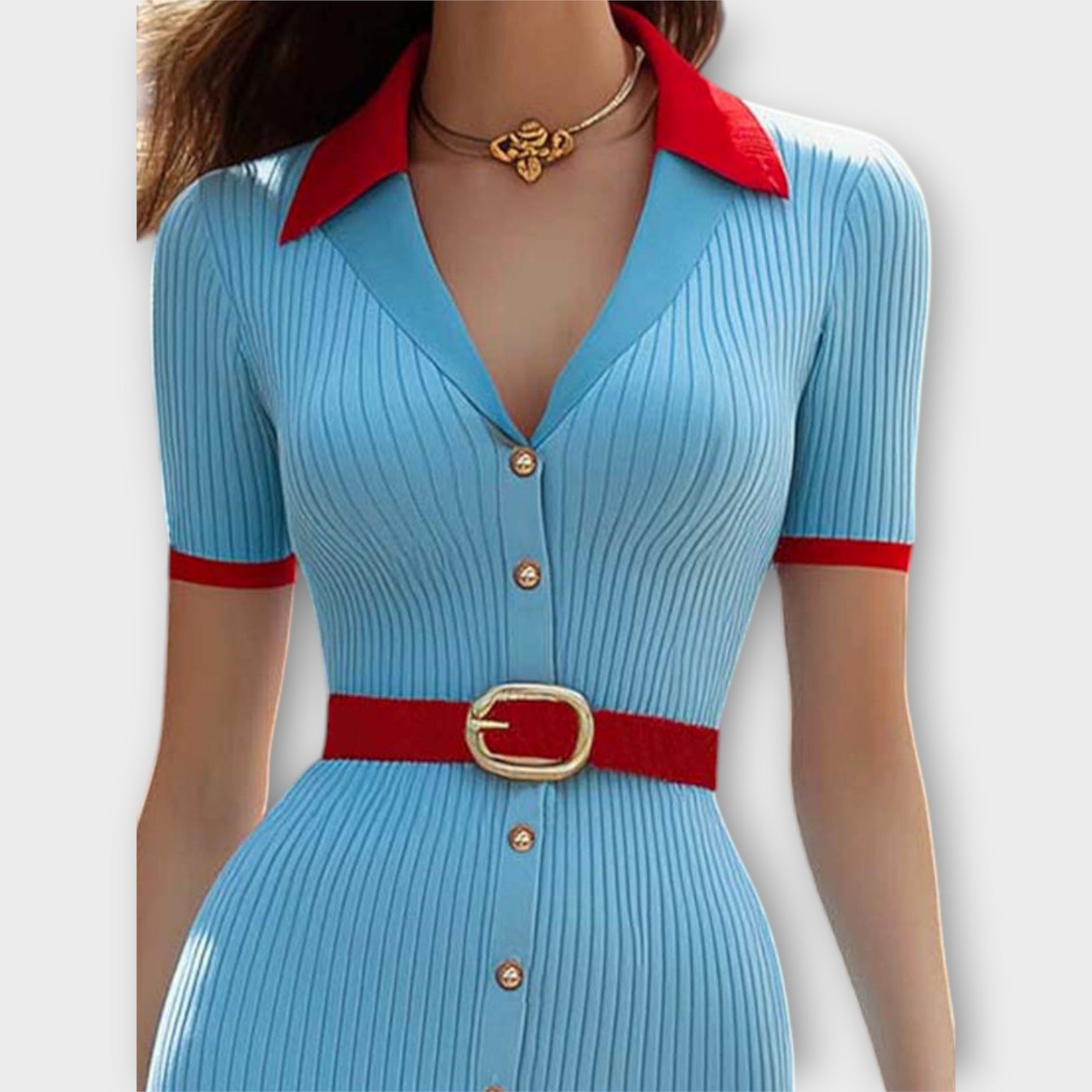 Sina - Elegante Abito a Tubino in Maglia Rippata Blu Baby