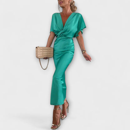 Sable - Abito Maxi Slim Fit in Satin con Scollo a V e Nodo Incrociato